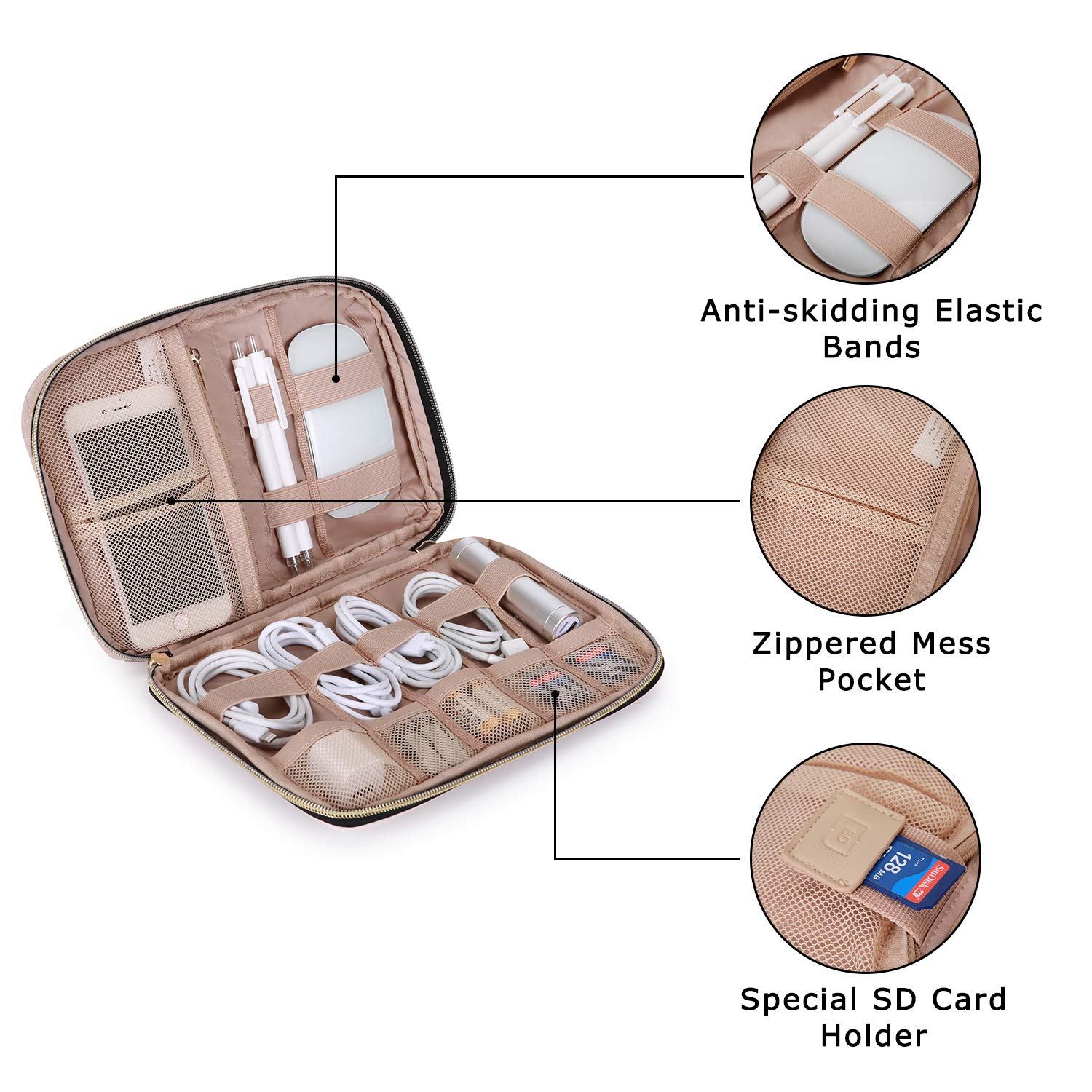 BAGSMART Large Electronics Organizer Travel Case - Waterproof Cable Organizer Bag with Multiple Pockets for Laptop, Tablet, Chargers & Accessories | Perfect for Business Trips, Vacation & Daily Commute (Pink)