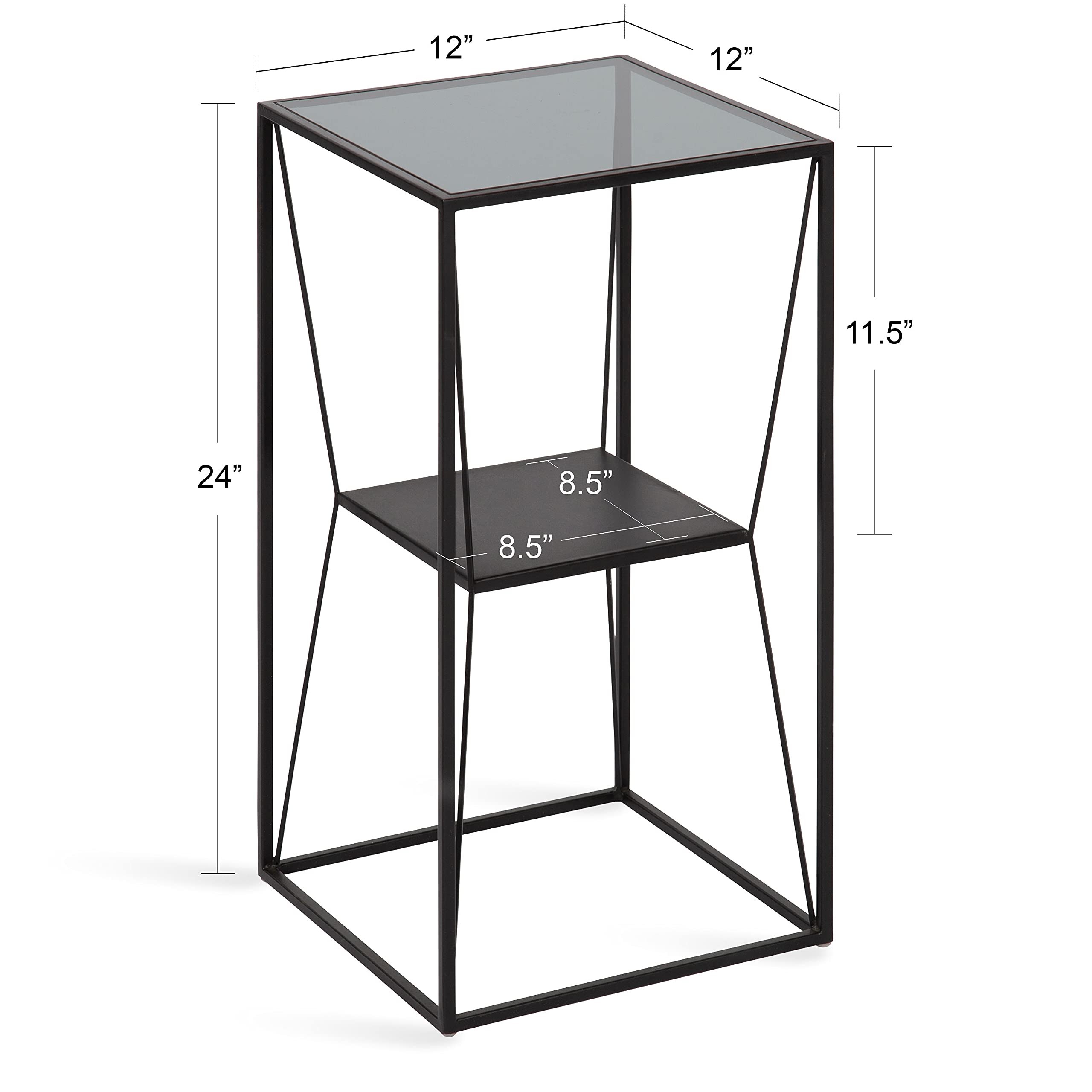 Kate & Laurel Knight Modern Square Glass Side Table - 12x12x24 Inches, Black Two-Tier Nightstand with Storage Shelf | Bedroom End Table, Living Room Accent Table, Dorm Decor