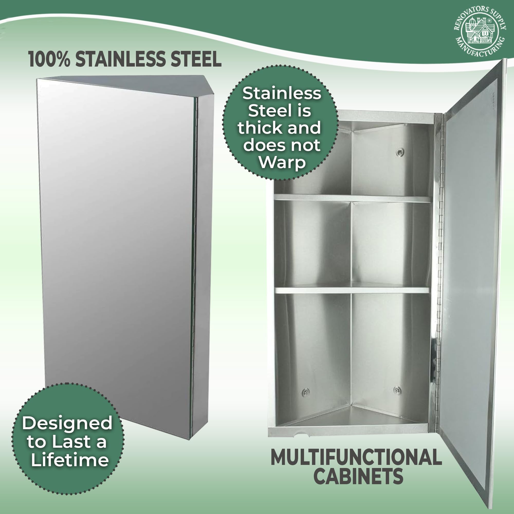 Renovators Supply Infinity Corner Medicine Cabinet with Mirror - Triple Shelf Storage, Modern Wall Mount Bathroom Cabinet - 23.6 Inch Left Open Brushed Stainless Steel (Pack of 1) - Perfect for Small Bathrooms, Vanities & Space-Saving Storage Solutions