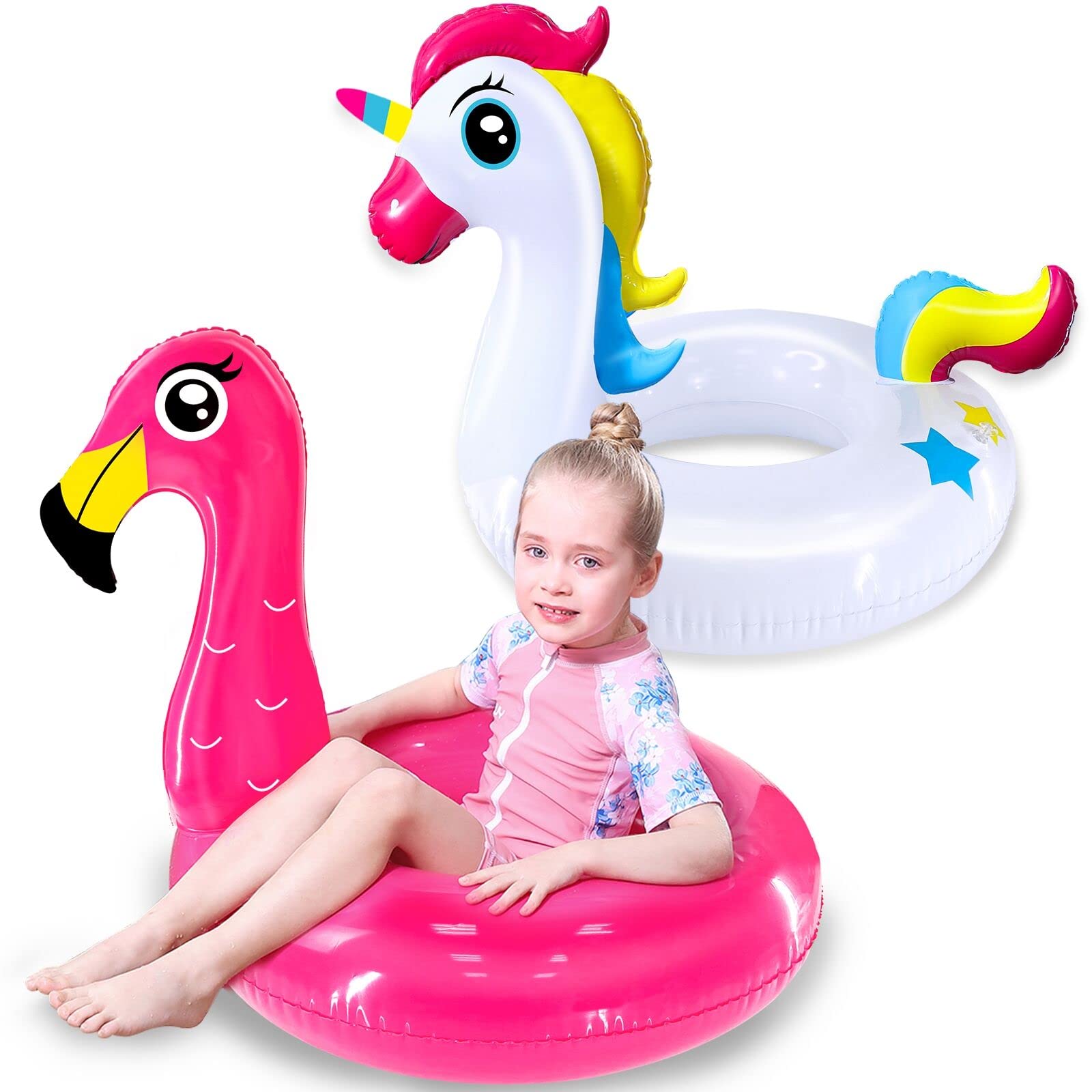 2 Pack Inflatable Pool Floats for Kids - 27.5 Inch Unicorn & Flamingo Swim Rings, Summer Beach Water Toys for Toddlers, Boys & Girls | Perfect for Pool Parties, Swimming, Lounging & Backyard Fun