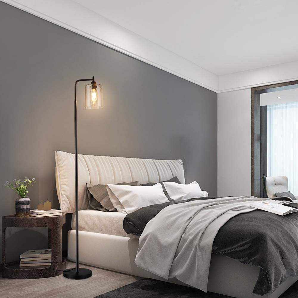 DLLT Industrial LED Floor Lamp with Clear Glass Shade - Tall Standing Light for Bedroom, Living Room & Office - Adjustable Reading Light with E26 Socket - Modern Black Pole Light for Home Decor & Workspace Lighting