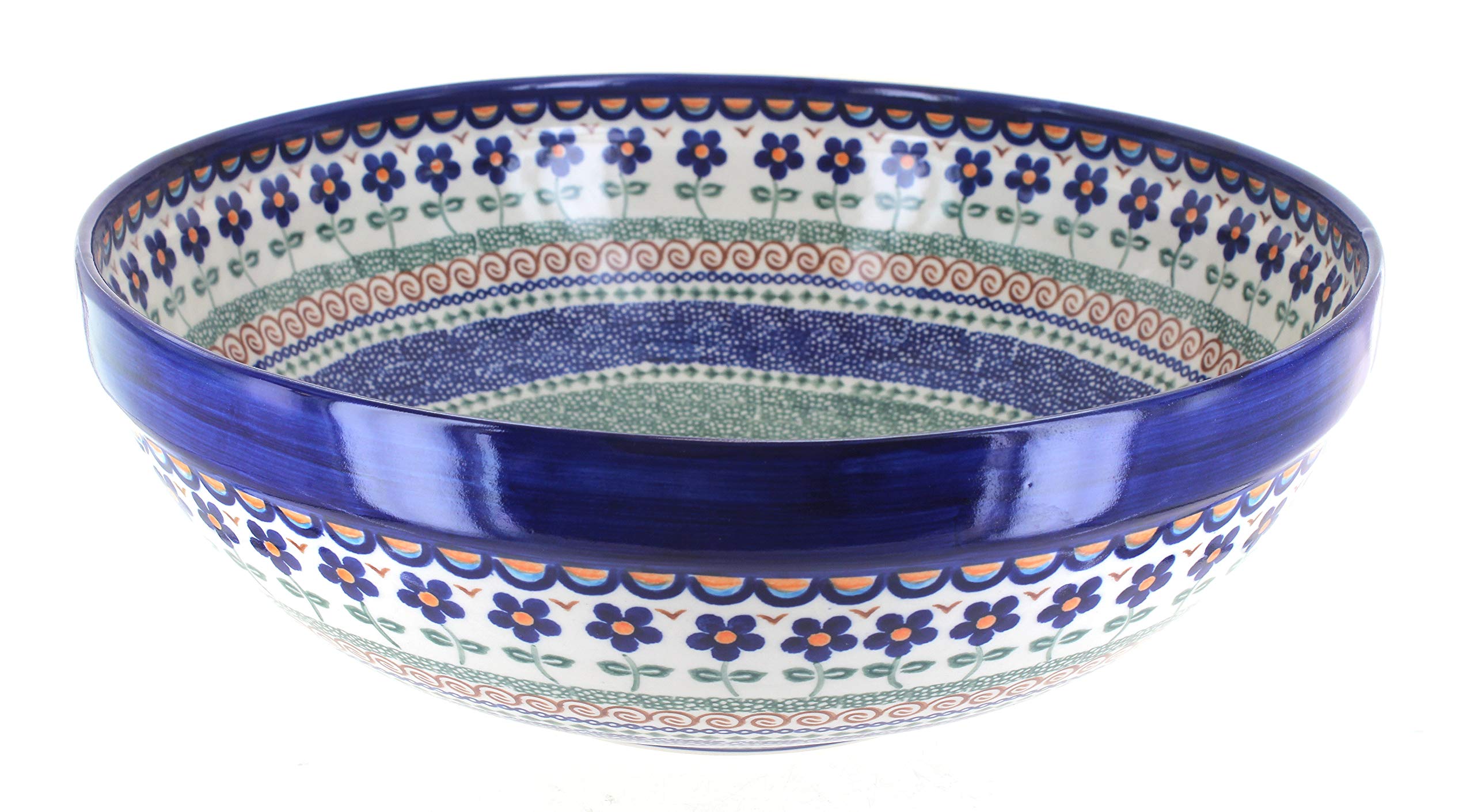 Handmade Blue Rose Polish Pottery Aztec Flower Large Serving Bowl - Perfect for Entertaining, Dining & Home Decor