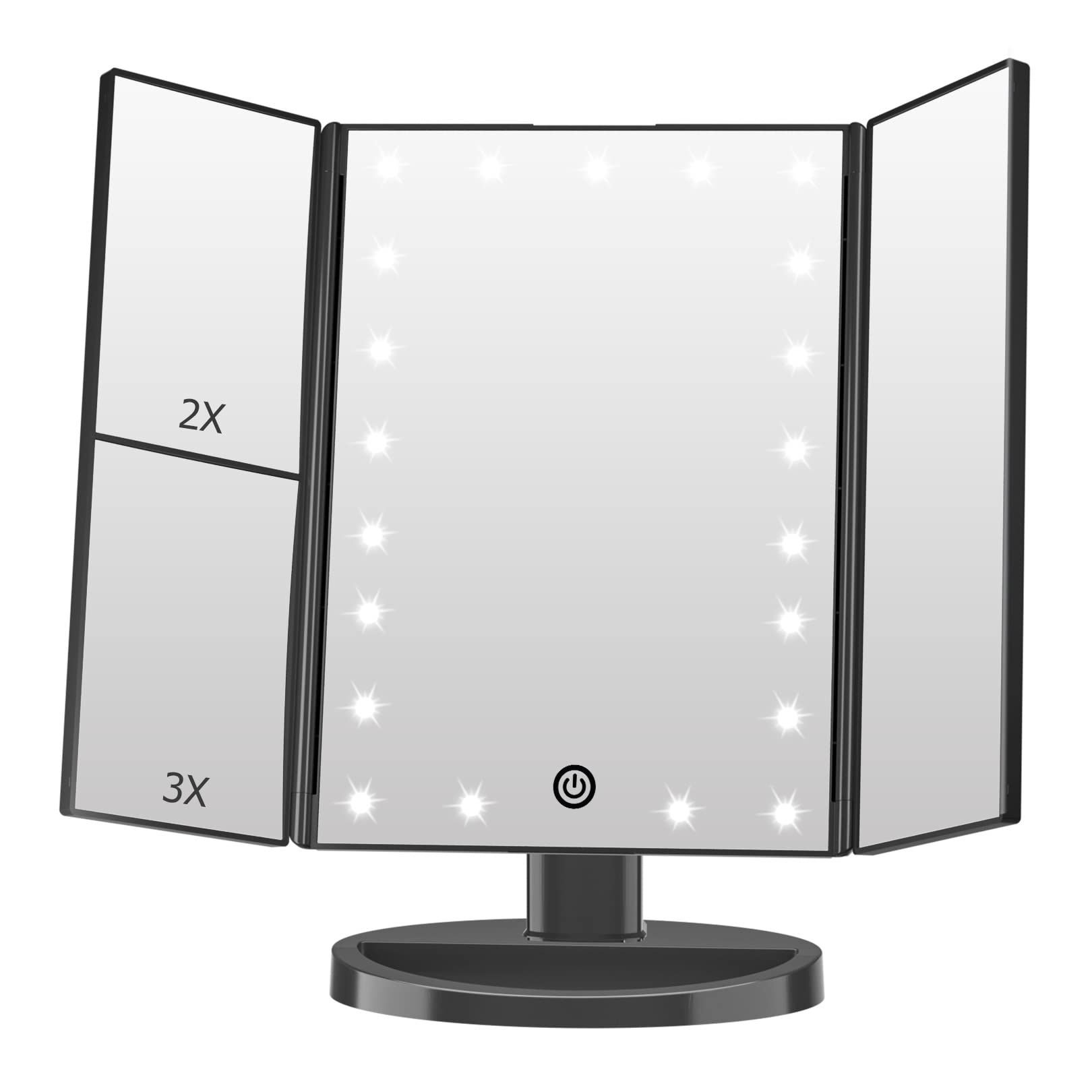 FASCINATE Lighted Makeup Mirror with 21 Bright LED Lights - 3x/2x/1x Magnifying Trifold Vanity Mirror - Touch Control & Dimmable Brightness - 180° Rotation - Perfect for Makeup Application, Skincare Routine, and Hair Styling at Home or Salon