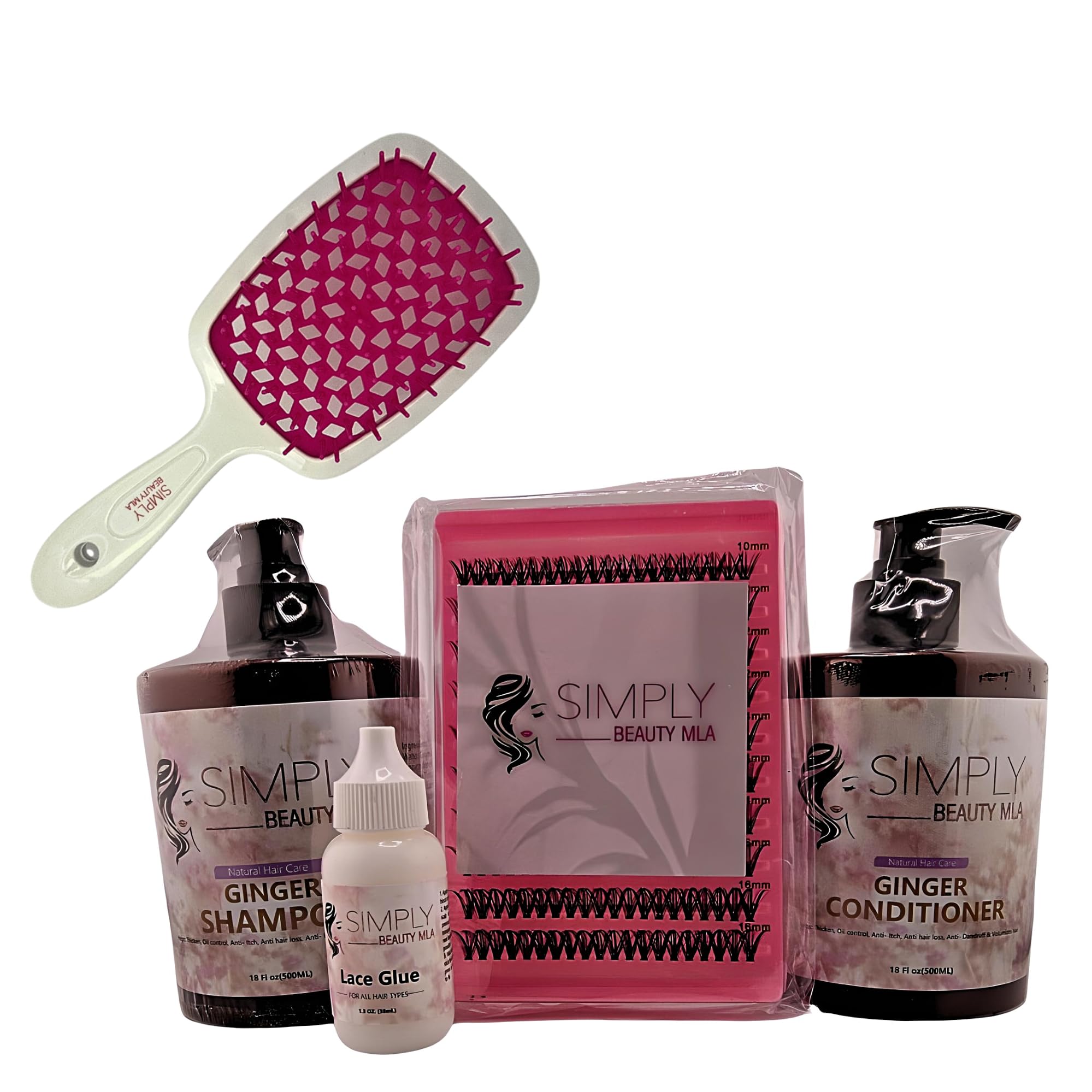 Simply Beauty Ginger Shampoo & Conditioner Set with DIY Lash Extension Kit - Nourishing Hair Care & Professional Eyelash Kit with Pre-Cut Lashes, Lash Glue & Detangler Brush | For Salon-Quality Hair & Lash Treatments at Home