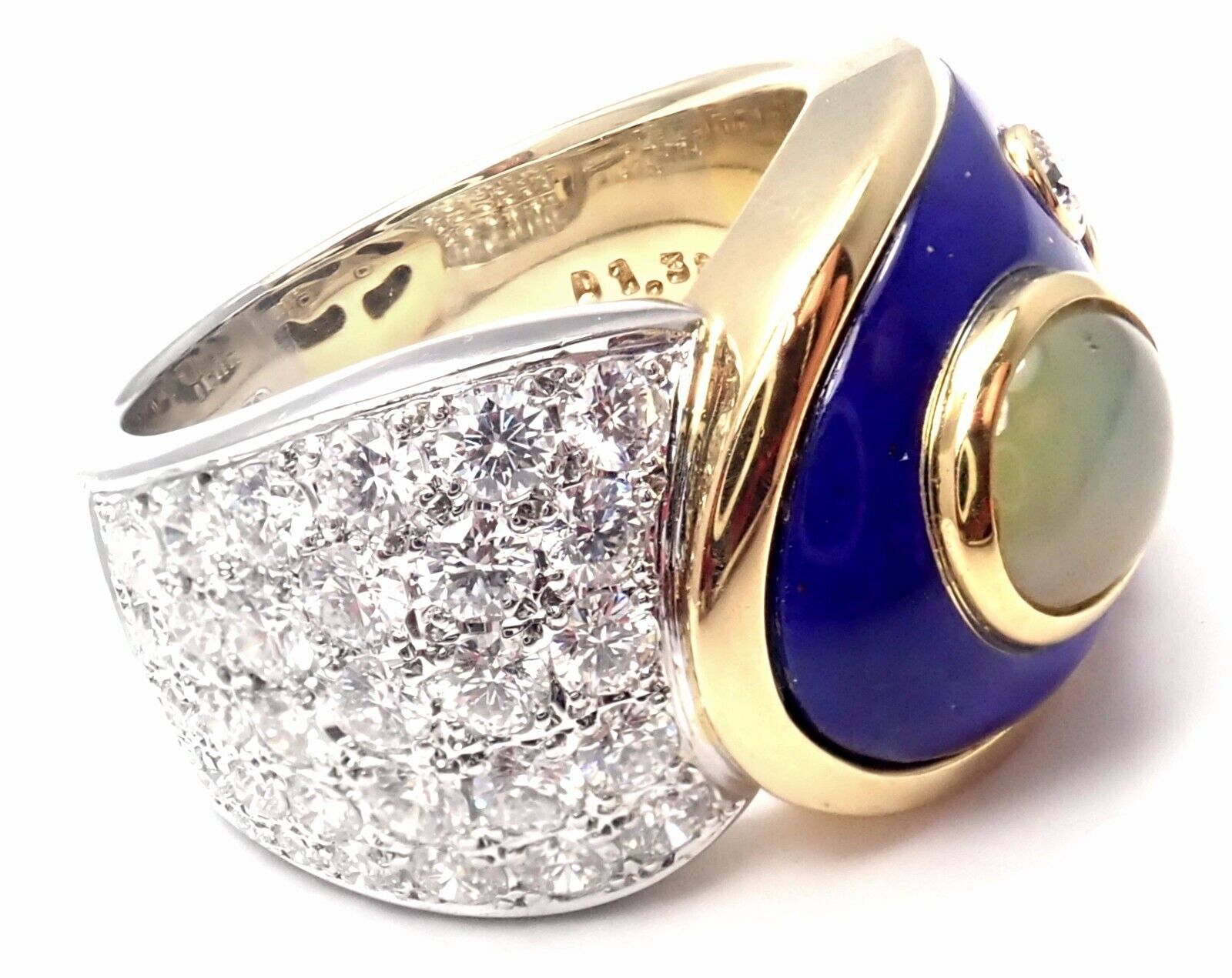 Authentic Mikimoto Platinum & 18K Gold Diamond Cat's Eye Enamel Band Ring - Luxury Jewelry for Women, Elegant Gift for Anniversary, Wedding & Special Occasions
