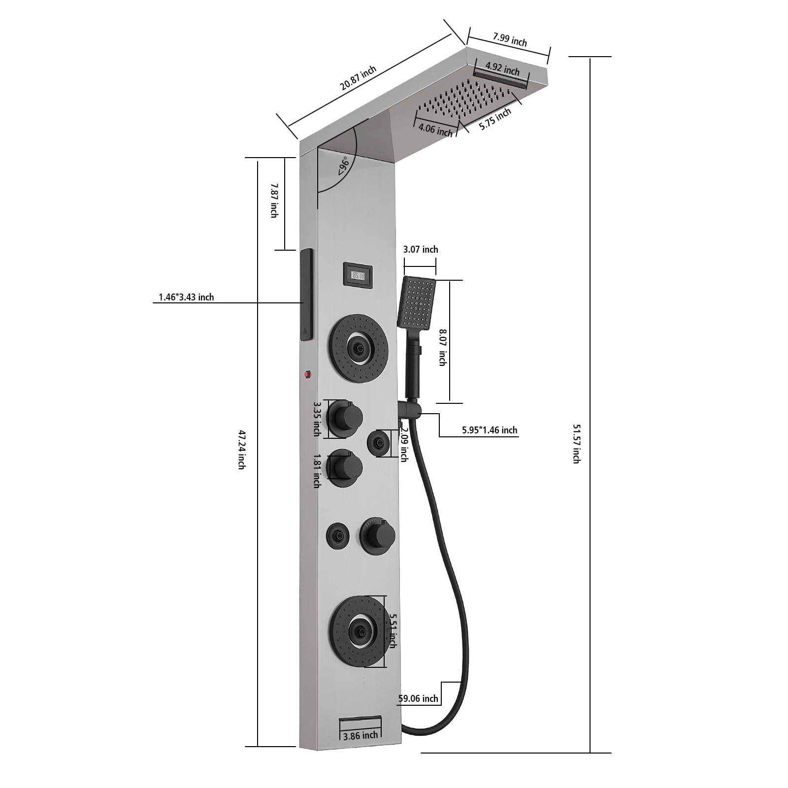 BWE Stainless Steel Shower Panel Tower System with LED Rainfall Shower Head - 4 Massage Jets, 3-Function Handheld Shower & Waterfall Tub Spout - Wall Mounted Shower Panel with Temperature Display - Perfect for Luxury Bathroom Renovation & Spa-Like Shower Experience