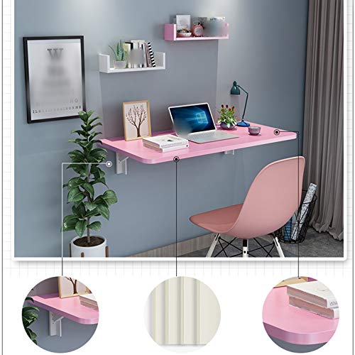 Space Saving Folding Wall Mounted Drop-Leaf Table with Shelves - Floating Cafe Dining Table for Home Office, Living Room & Bedroom - Wooden Hanging Computer Desk & Bookshelf Bar Table - Pink (110x60cm/43x24in) - Perfect for Small Apartments, Coffee Shops & Workspaces
