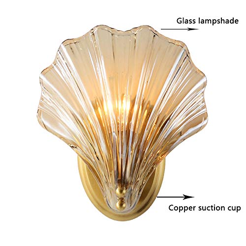 LITFAD Clear Shell Shape Wall Sconce Light - 1-Light Modern Fluted Glass Metal Wall Lamp with Copper Finish - Perfect for Bedroom, Living Room, Restaurant & Hotel Lighting Decor
