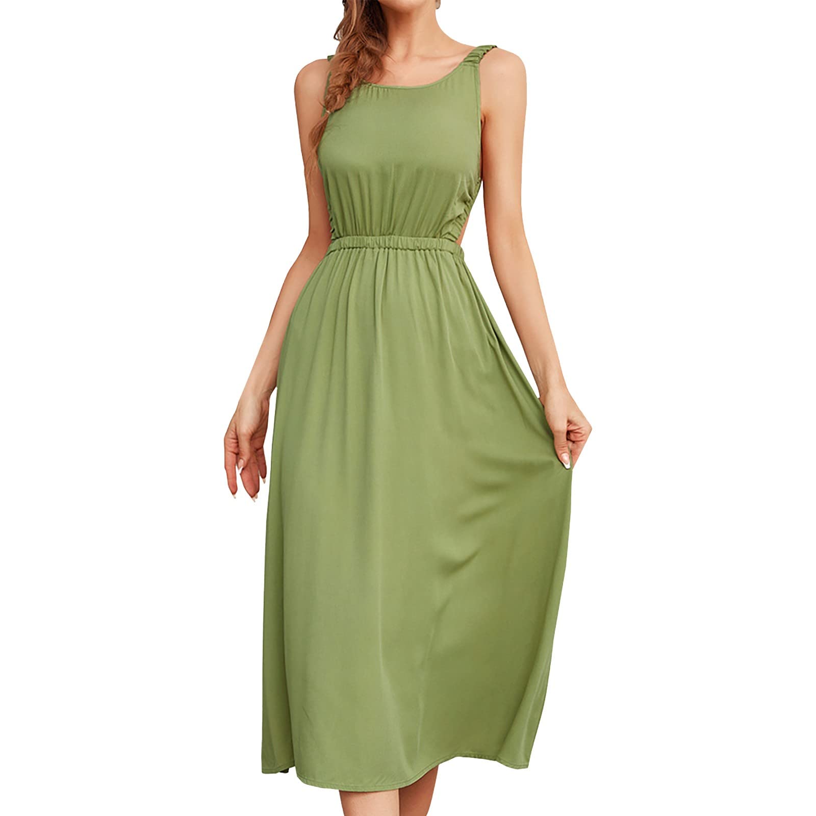 Elegant Long Formal Petite Dresses for Women - Solid Color Suspender Elastic Band Open Back Large Swing Skirt - Perfect for Weddings, Parties & Special Occasions