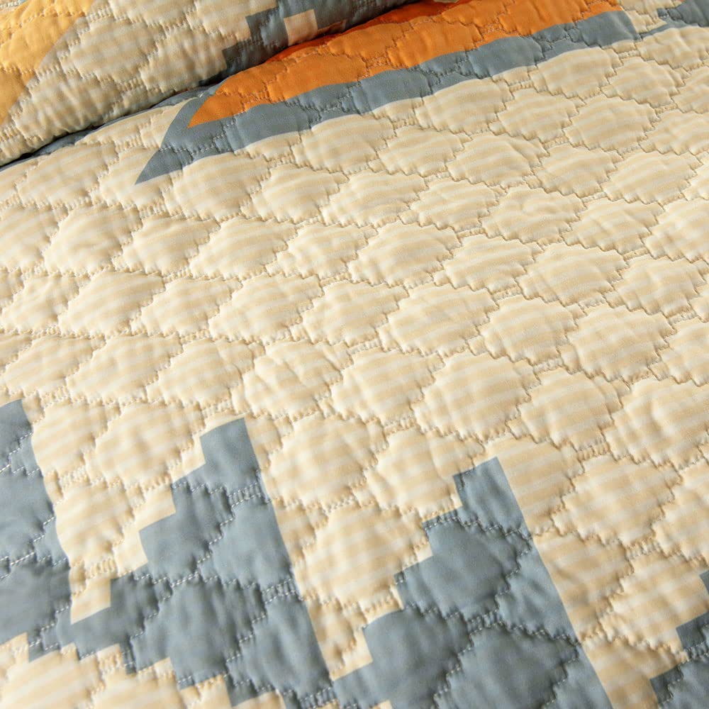 Southwest Aztec Geometric King Quilt with Ruffle Trim - Blue, Orange, Rust, Tan, Cream - 105x95 Inches - Perfect for Southwestern, Boho, or Native American Style Bedrooms