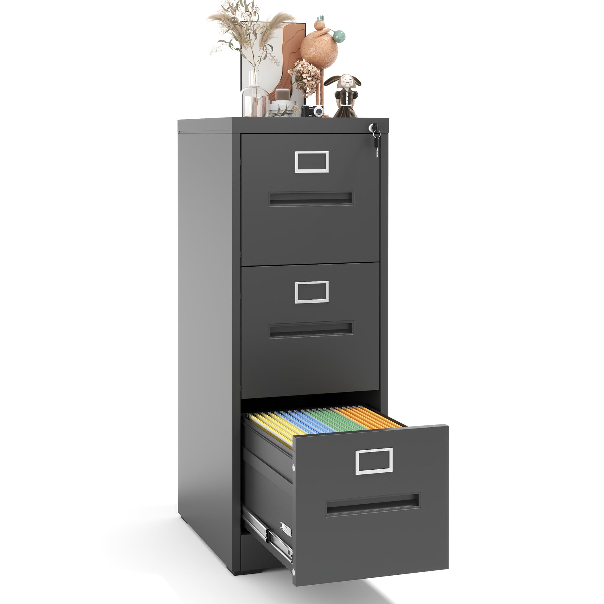 3 Drawer Black Metal File Cabinet - Vertical Locking Steel Filing Cabinet for Home Office, Legal/Letter/A4/F4 Documents - Easy Assembly (Black) - Perfect for Organizing Office Files, Home Office Storage & Workspace Organization