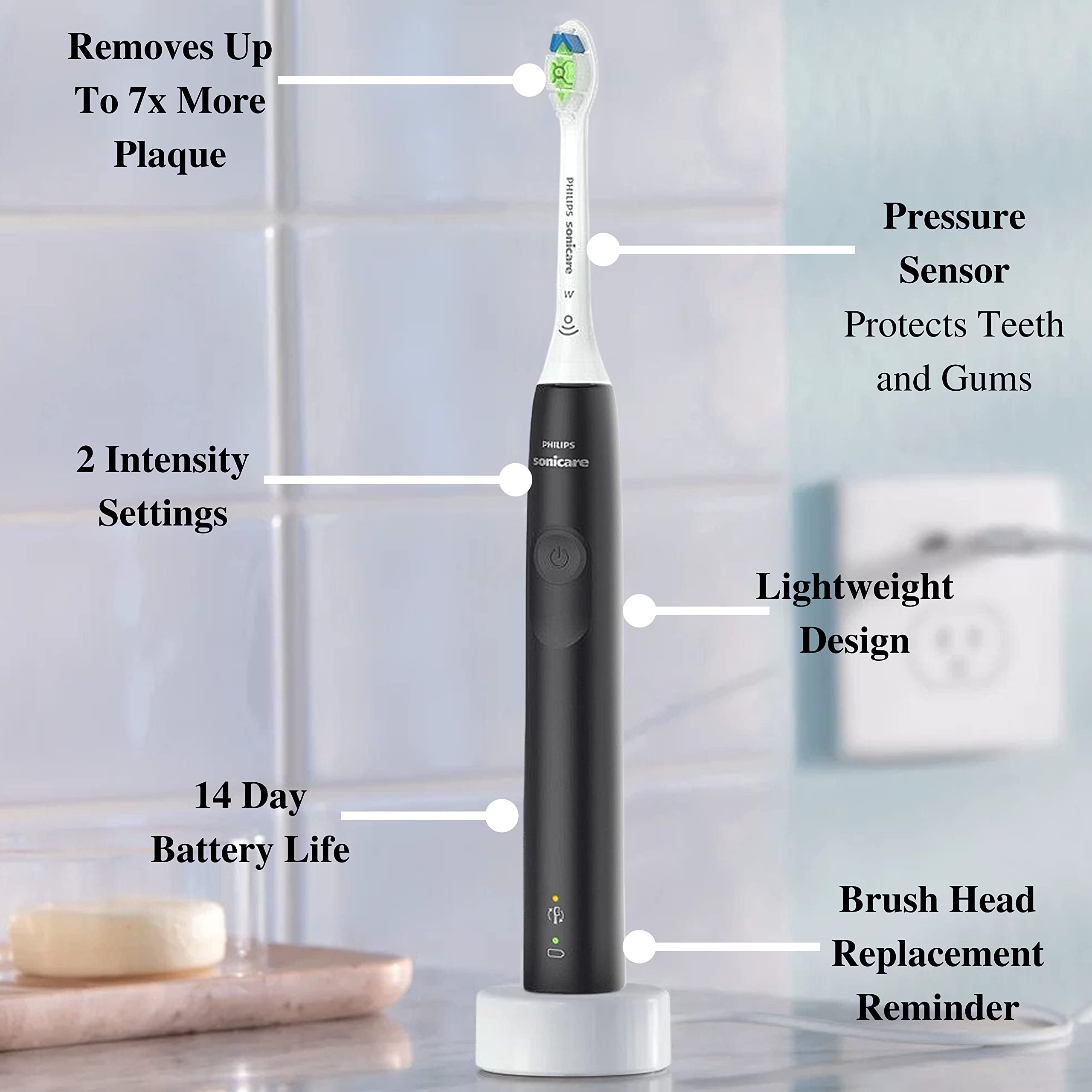 Philips Sonicare DiamondClean Electric Toothbrush with 2 Brush Heads - Rechargeable Sonic Toothbrush with Pressure Sensor & Travel Case (Black/White) - Perfect for Home Use & Travel Oral Care