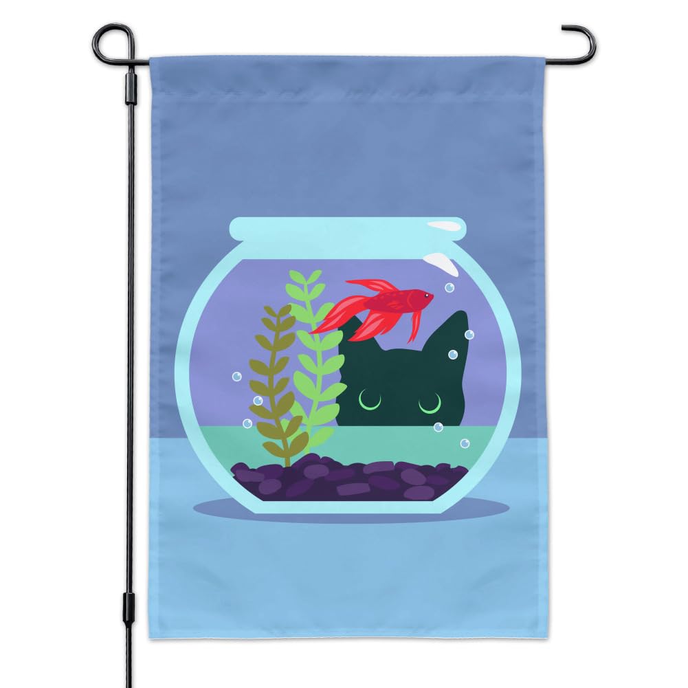 Black Cat Staring at Betta Fish Bowl - Outdoor Garden Yard Decorative Flag for Patio, Lawn & Home Decor - Perfect for Halloween, Pet Lovers & Unique Housewarming Gifts