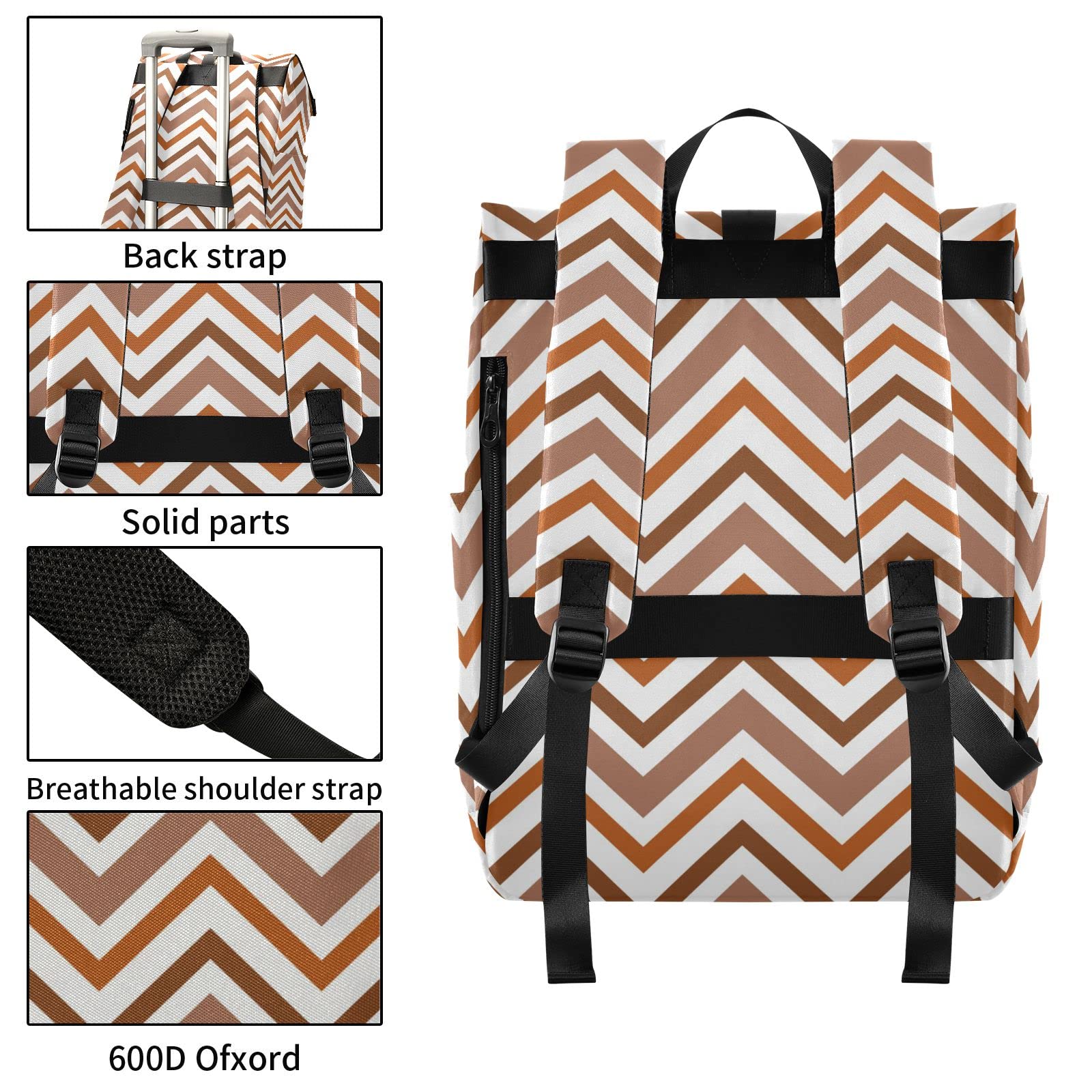Acpiggto Roll Top Backpack - Brown Zigzag Striped Geometric Design, Classic Travel Daypack with Padded Shoulder Straps (Large & Medium Sizes) - Perfect for Hiking, Commuting & College Campus Use
