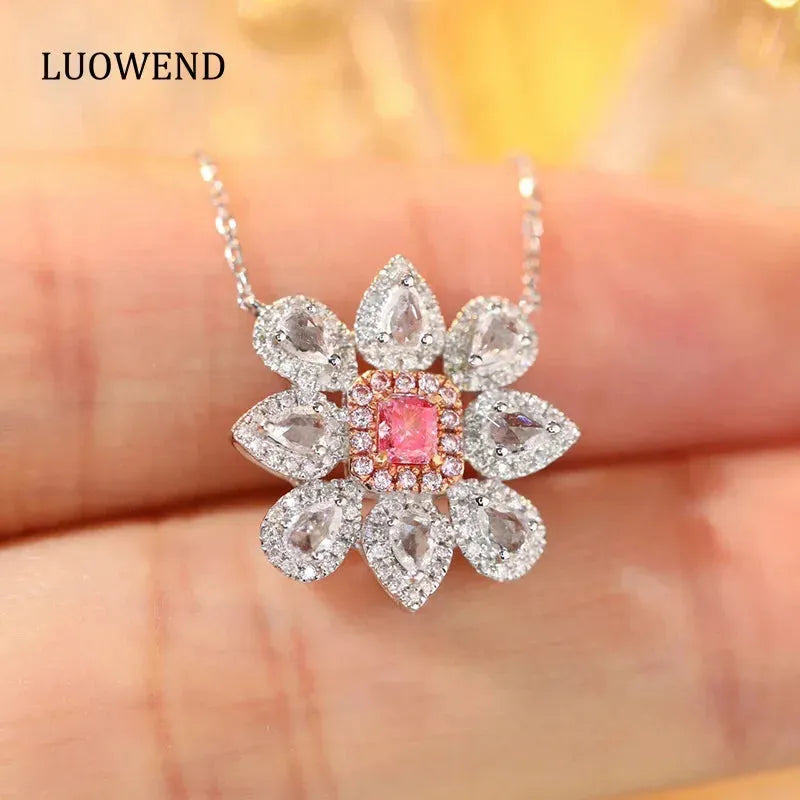18K White Gold Floral Necklace with Real Pink Diamond & Aquamarine - Elegant Women's Jewelry for Parties, Weddings & Special Occasions