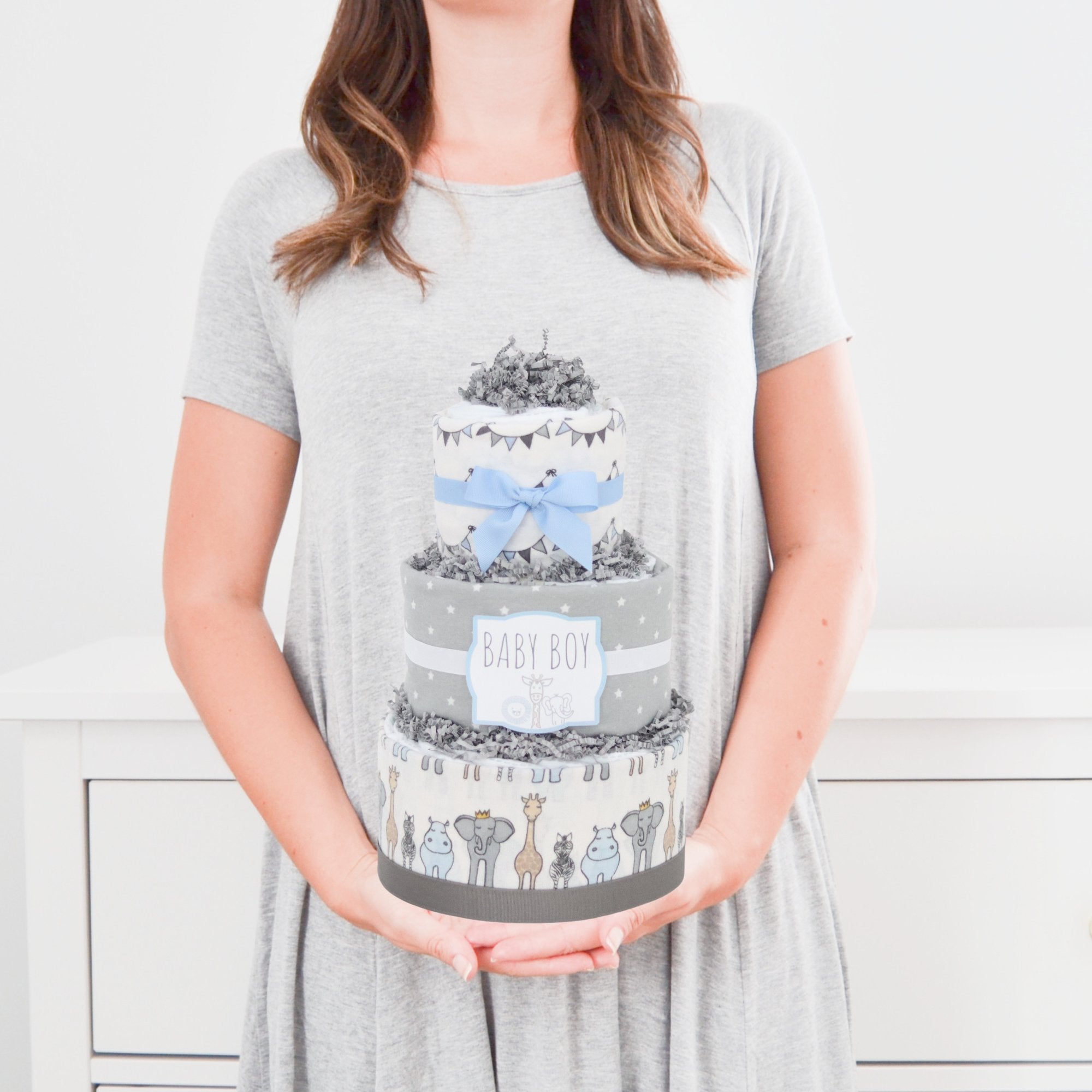 Royal Safari Diaper Cake - Baby Shower Gift Set with Organic Cotton Diapers, Soft Blanket & Plush Toys | Perfect for Newborns, Gender Reveal Parties & Nursery Decor (DCBG1002)