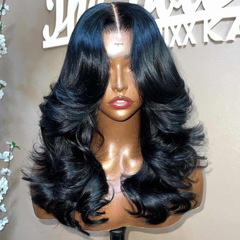 Eullair Hairstylist Inspired Butterfly Layered Cut Loose Body Wave Human Hair Wig with Curtain Bangs - Pre Cut Lace Front Wig for Everyday Wear & Special Occasions