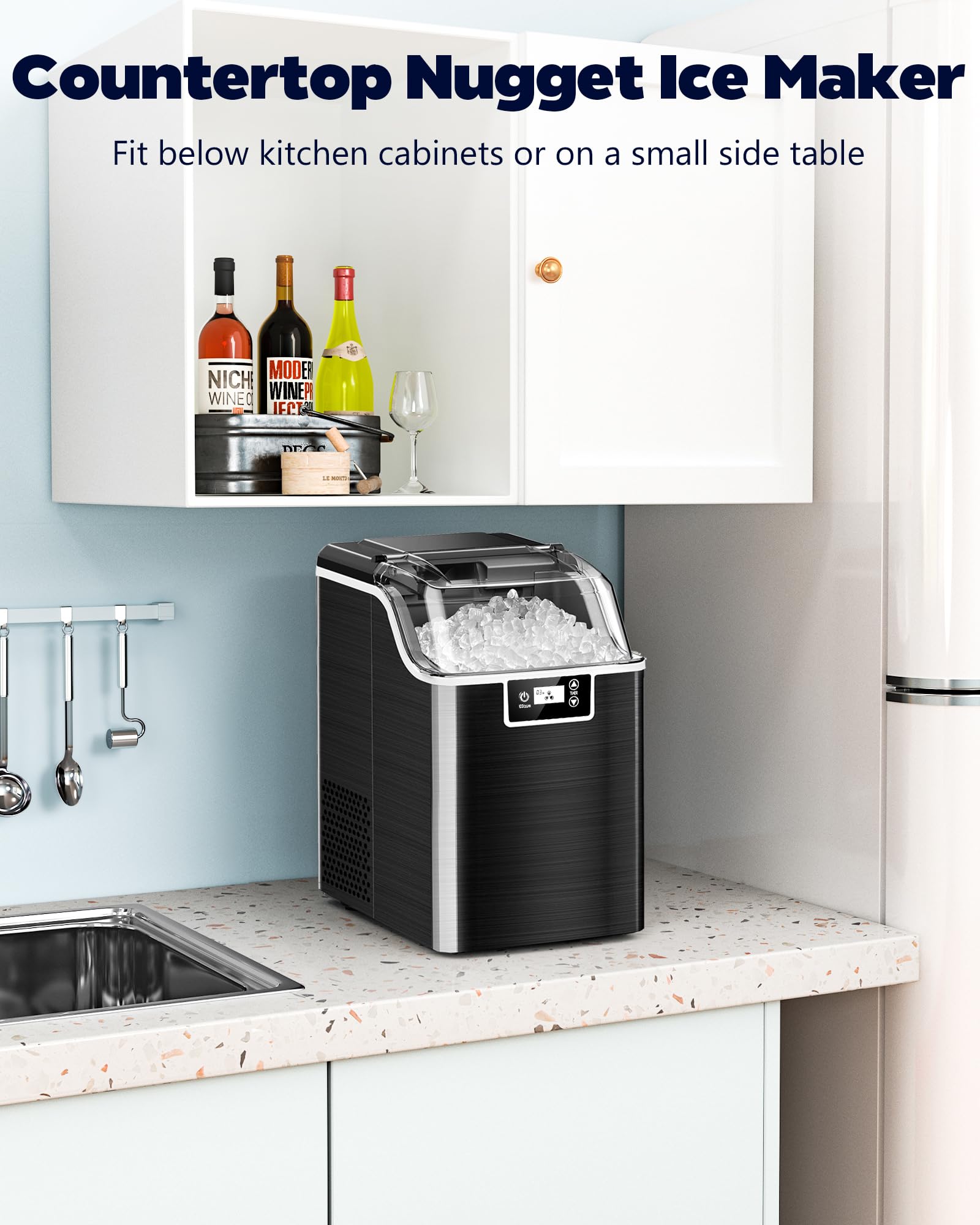 Kndko Countertop Nugget Ice Maker - 45lbs/Day Crushed Ice Machine with 24H Timer & Self-Cleaning | Stainless Steel Black | Perfect for Home Bars, Parties, and Office Break Rooms