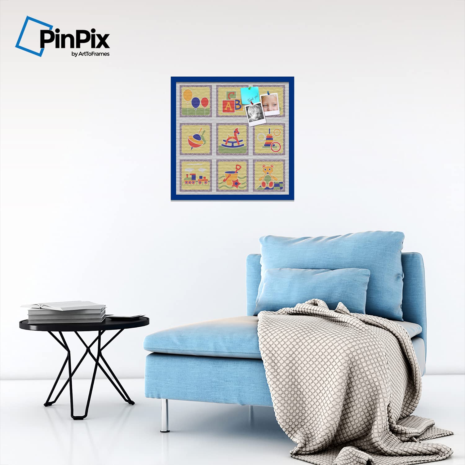 PinPix 24x24 Inch Decorative Cork Bulletin Board - Canvas Nursery Toy Blocks Print, Blue Stained Beech Frame - Perfect for Kids' Rooms, Home Offices & Classroom Decor (PinPix-8)