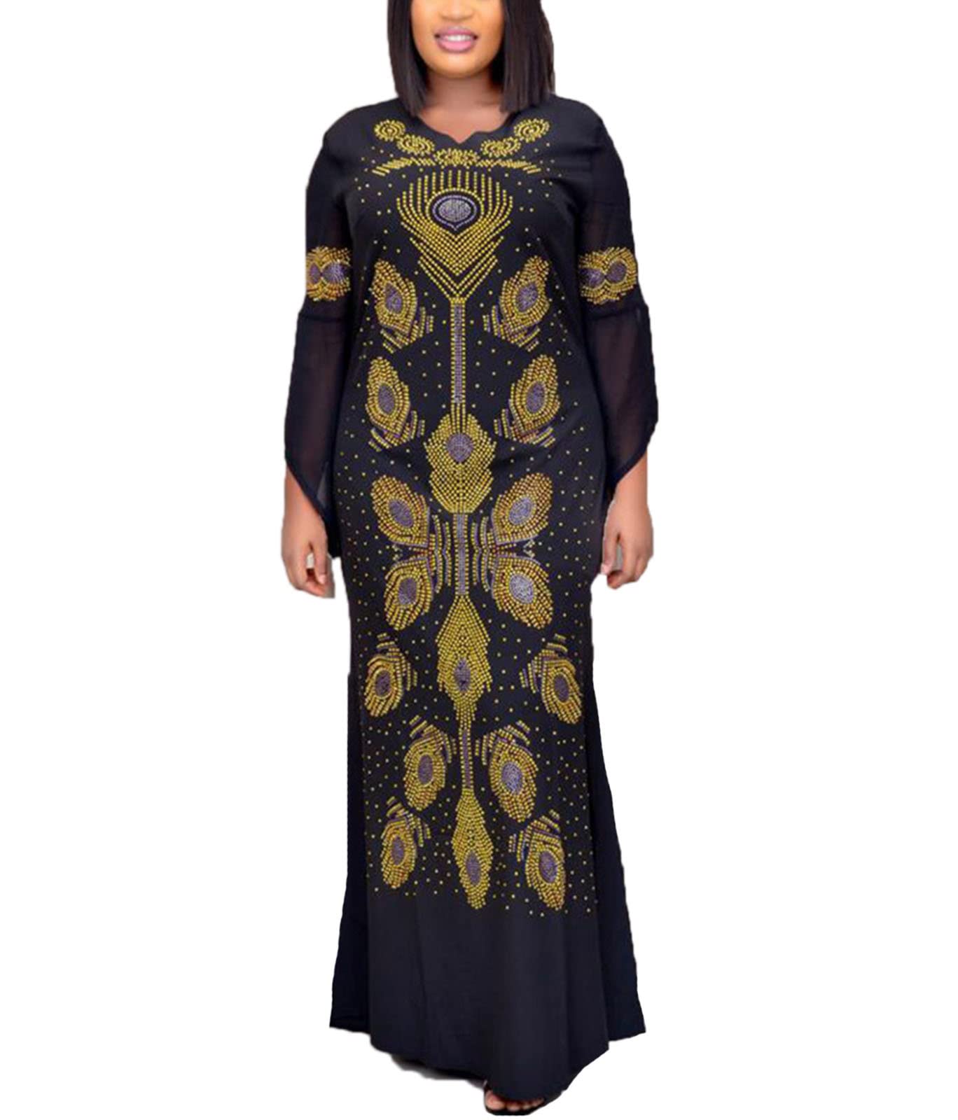 Suncolour Rhinestone African Kaftan Dresses for Women - Elegant Dashiki Printed Caftan Maxi Dress Floor Length for Wedding, Party & Special Occasions