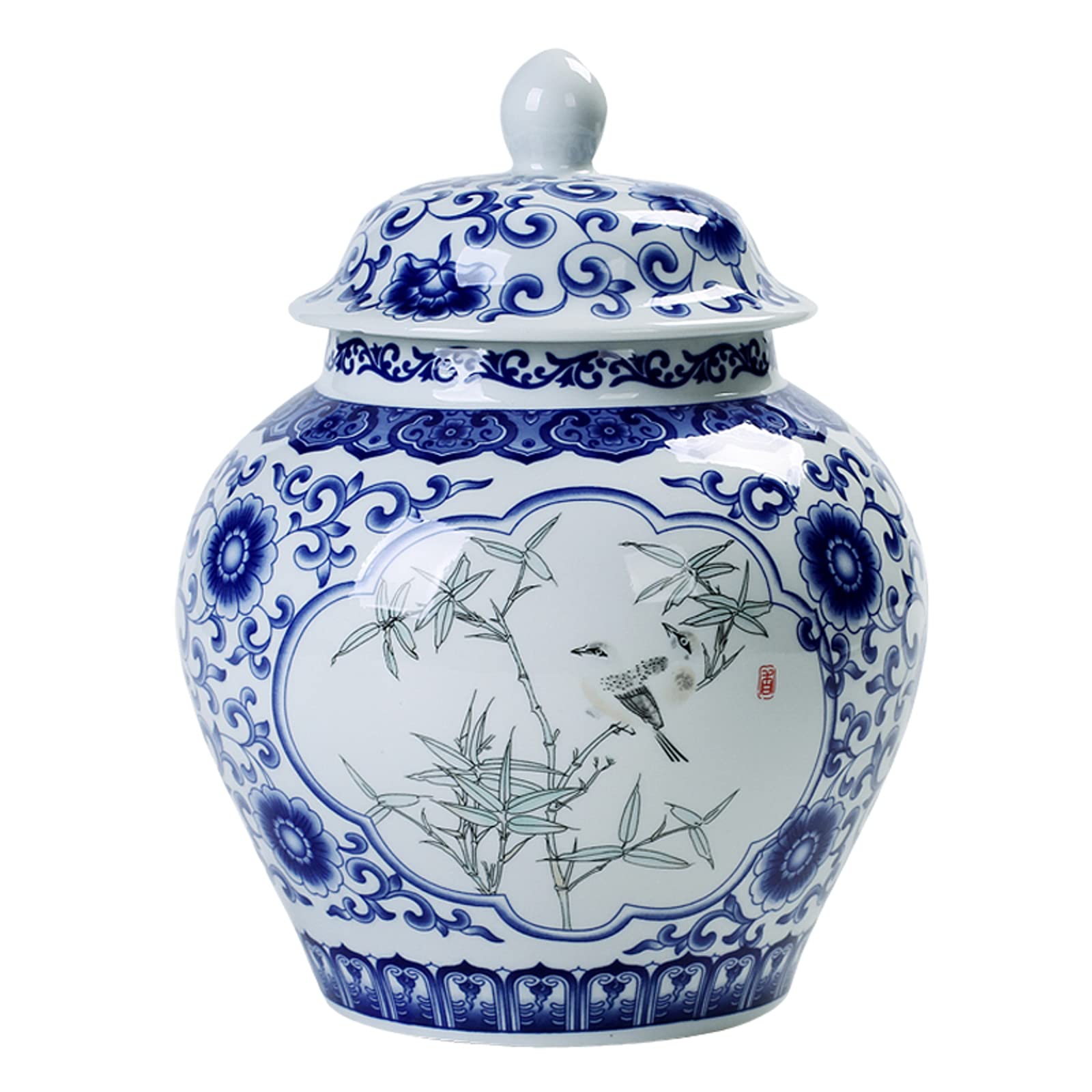 Blue and White Porcelain Vase - Ming Dynasty Style Ceramic Ginger Jar - Handcrafted Chinese Decorative Vase (H29.5cm x W22cm) for Home Decor, Wedding Centerpiece & Temple Altar Display