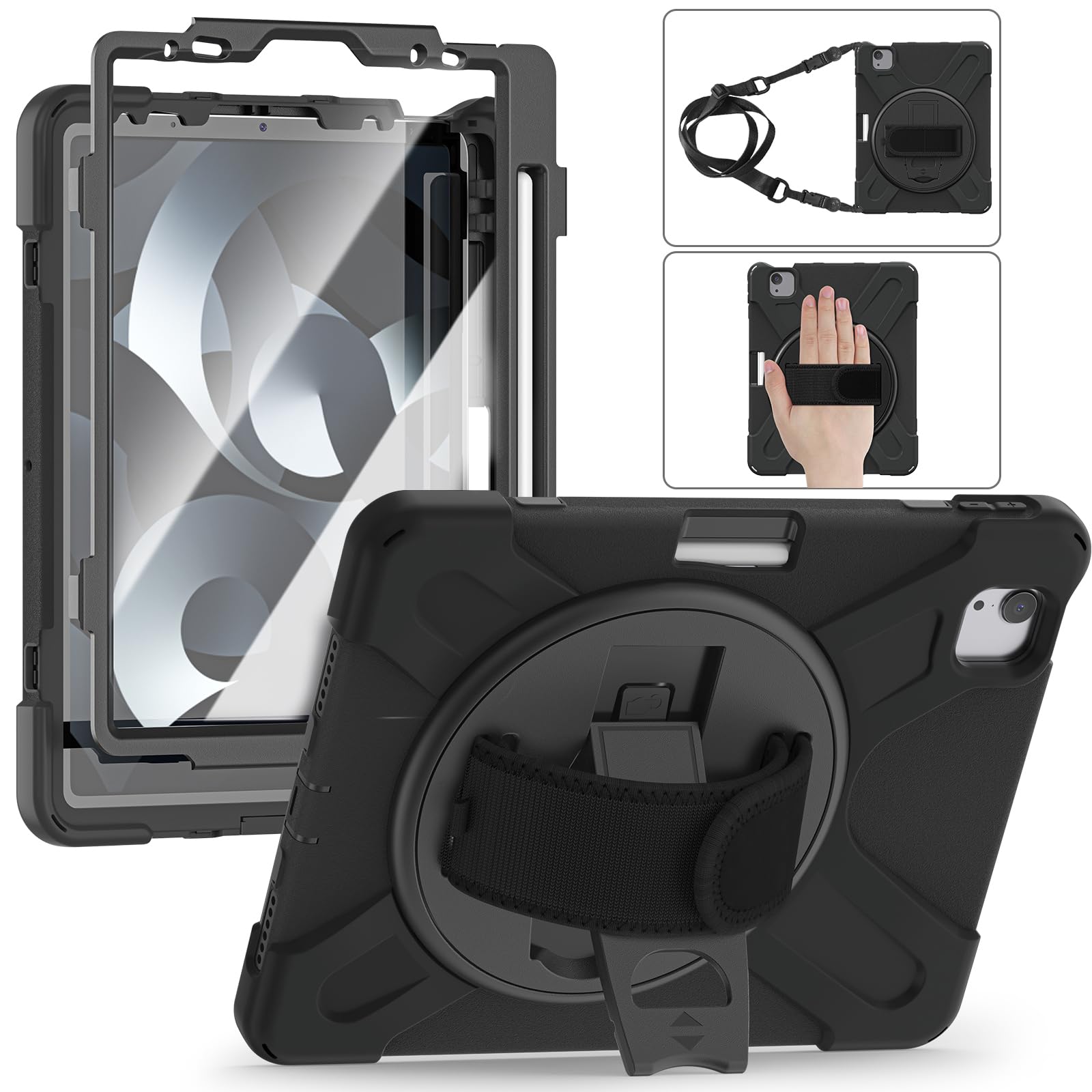 ZenRich Heavy Duty Shockproof Case for iPad Air 5th/4th Generation & iPad Pro 11 inch (2022 Model) - 10.9 inch Protective Cover with Screen Protector, Stand, Hand Strap & Shoulder Belt - Perfect for Travel, Work & Outdoor Activities (Black)