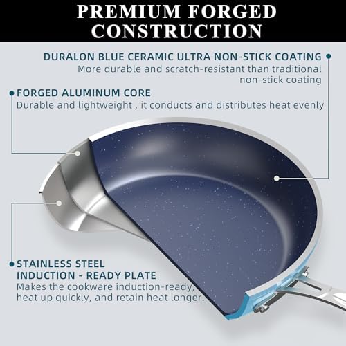 Nuwave Healthy Duralon Blue Ceramic Nonstick Cookware Set - Diamond Infused Scratch-Resistant PFAS-Free Pots & Pans | Dishwasher & Oven Safe | Induction Compatible with Even Heating | Tempered Glass Lids & Stay-Cool Handles | Perfect for Healthy Cooking, Frying & Baking at Home