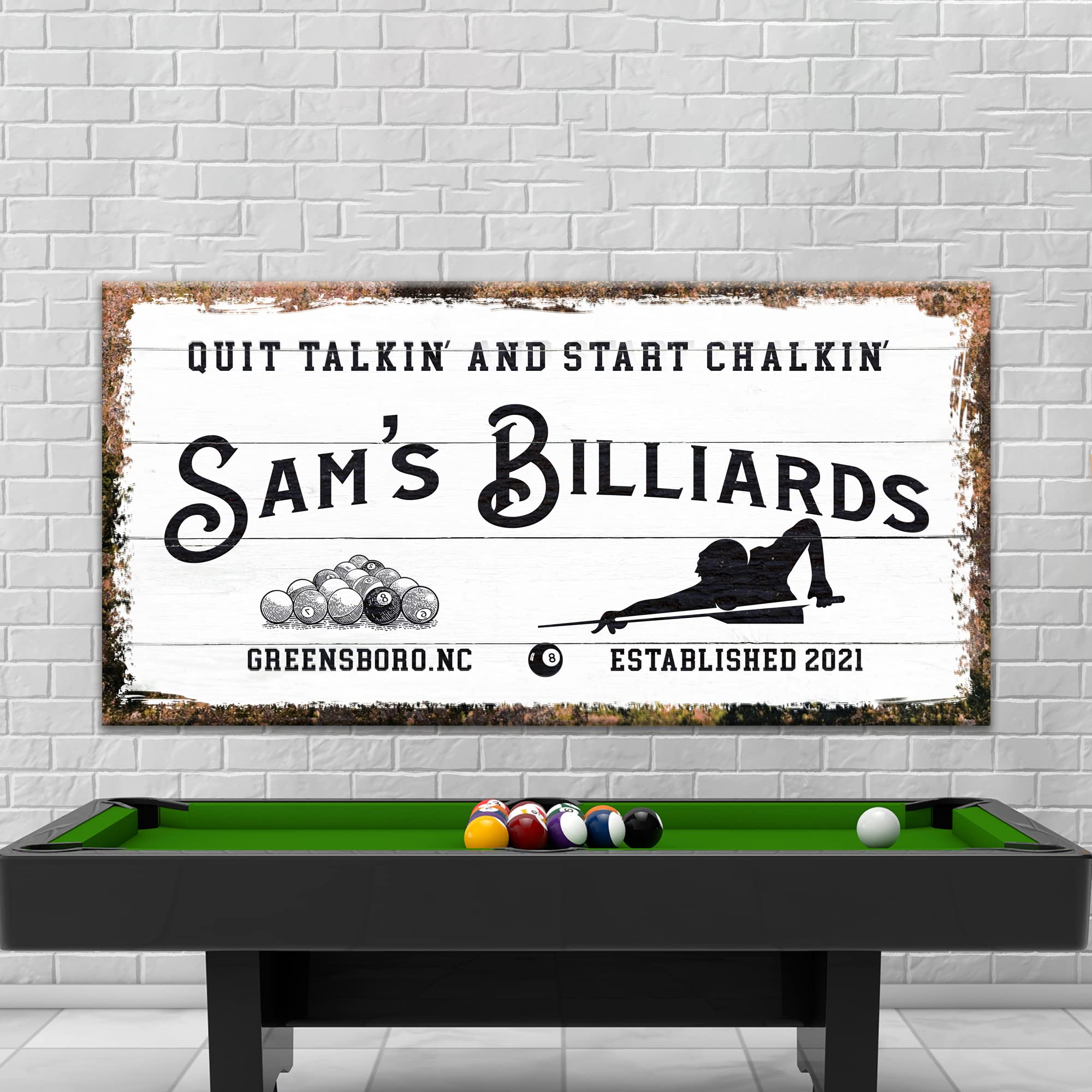Personalized Billiards Wall Art - Custom Pool Hall Decor Canvas Sign for Men, Him & Boys - Rustic White Fifteen Ball Design 60