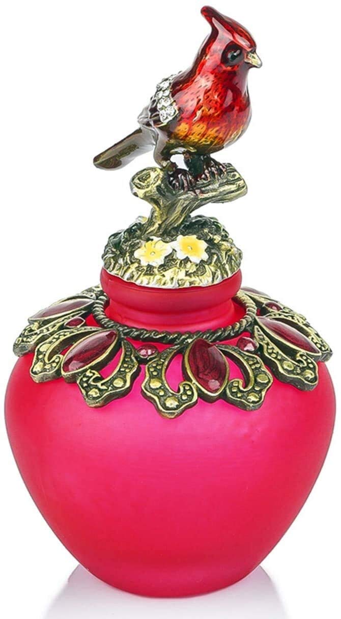 Vintage Refillable Perfume Bottle with Jeweled Bird Stopper - Red Glass Perfume Container for Women, Gift & Home Decor - Perfect for Vanity, Dresser, Bathroom Display