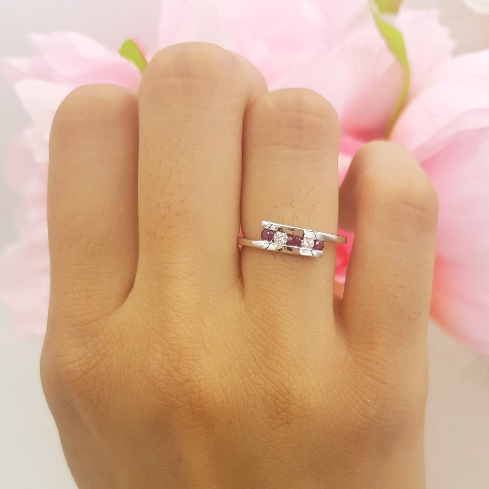 Dazzlingrock Collection 10K Solid White Gold Round Ruby & White Diamond 5-Stone Bridal Promise Ring for Women - Perfect for Engagement, Anniversary & Romantic Gifts