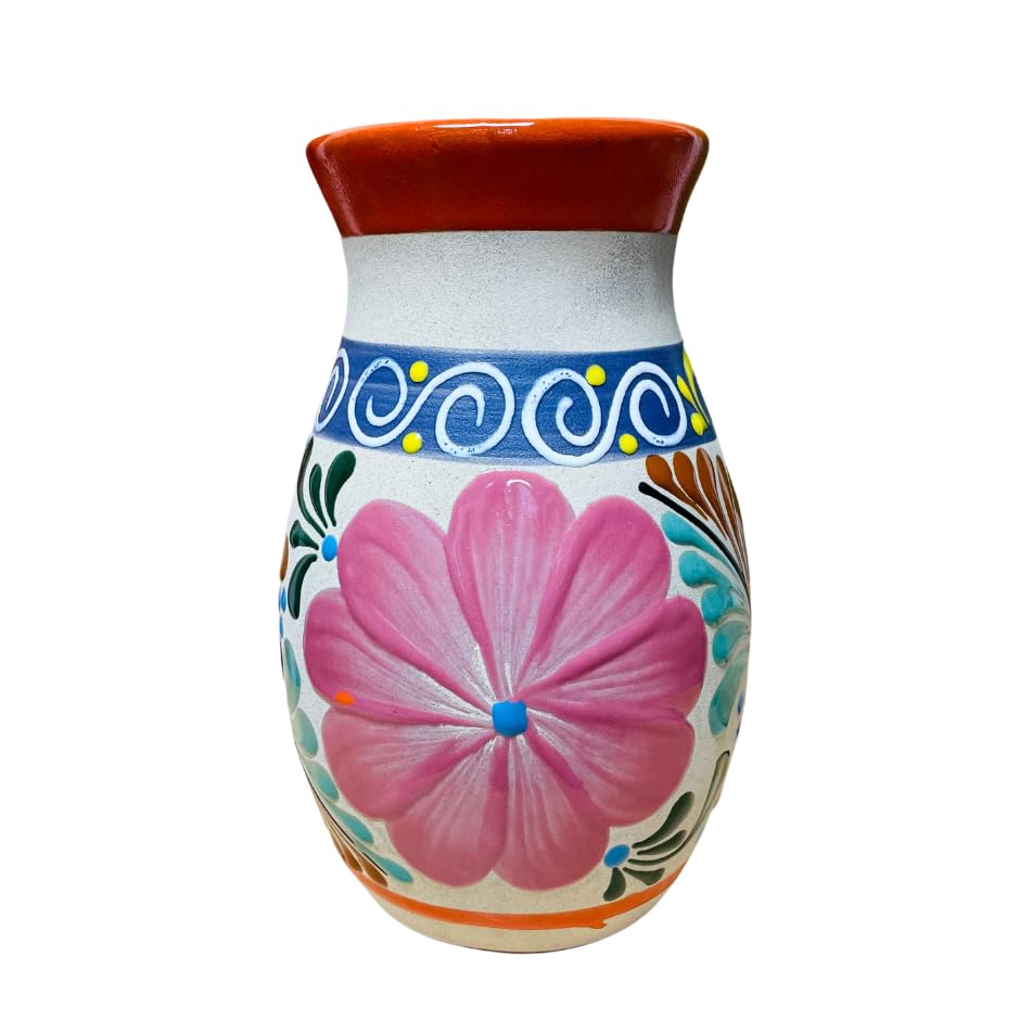 Handmade Mexican Clay Vase - Oval Michoacán Pottery Vase with Orange Hand-Painted Design - Unique Home Décor for Living Room, Dining Table & Wedding Centerpieces - Duelaguetza Artisan Collection