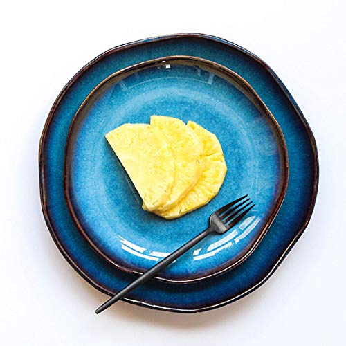 Vintage Blue Ceramic Dinner Plates - Set of 4 Irregular Shaped Deep Plates for Soup, Pasta & Salad | Rustic Tableware for Home Dining & Entertaining