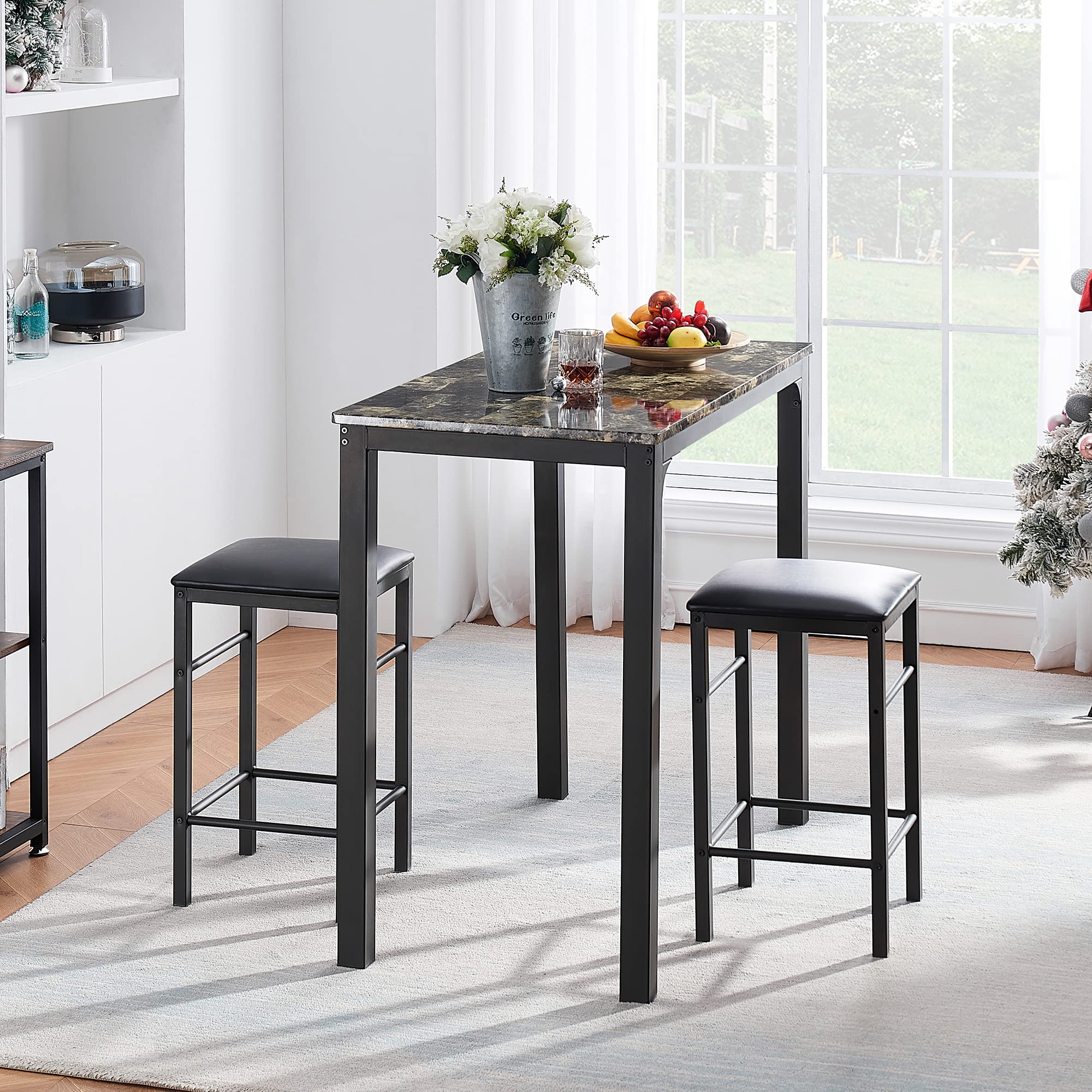 VECELO 3-Piece Retro Black Bar Table Stools Set - Rectangular Kitchen Height Pub Table with Stools for Dining, Living Room, Party & Bistro - Perfect for Small Spaces, Breakfast Nook & Entertaining Guests
