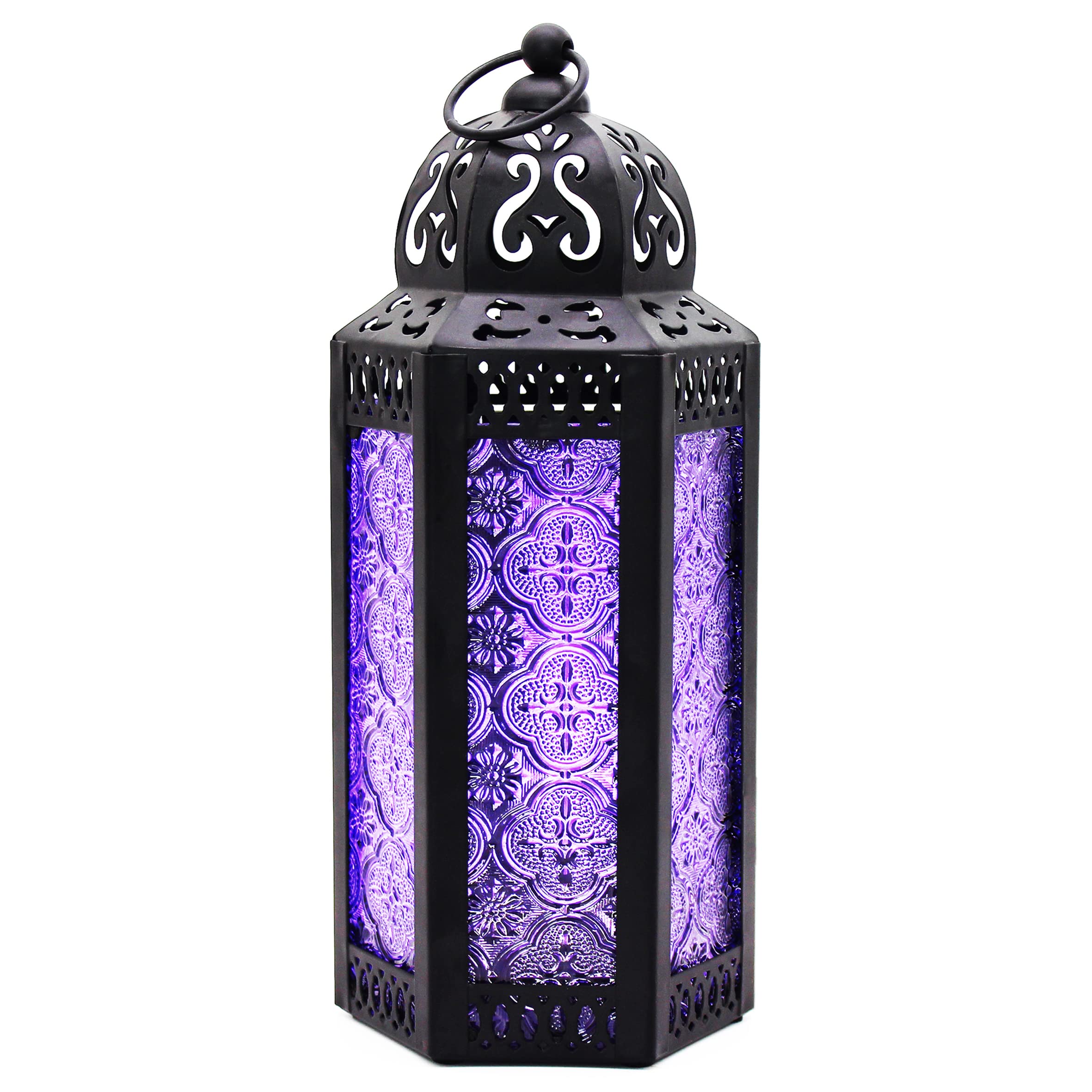 Vintage Moroccan Metal Candle Lantern - Black Decorative Hanging Holder with Purple Glass for Home, Patio, Outdoor Decor | Perfect for Garden Parties, Wedding Decorations & Cozy Ambiance Lighting