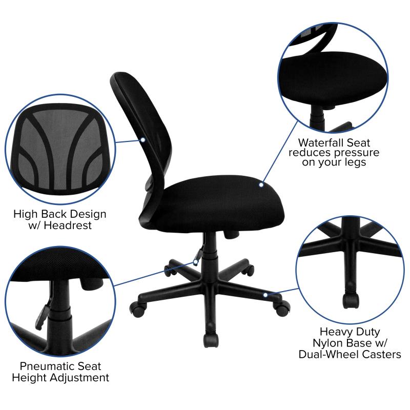 FLASH Y GO Mid Back Black Mesh Swivel Task Office Chair - Ergonomic Desk Chair for Home & Office Use, Comfortable Computer Chair for Long Hours Sitting