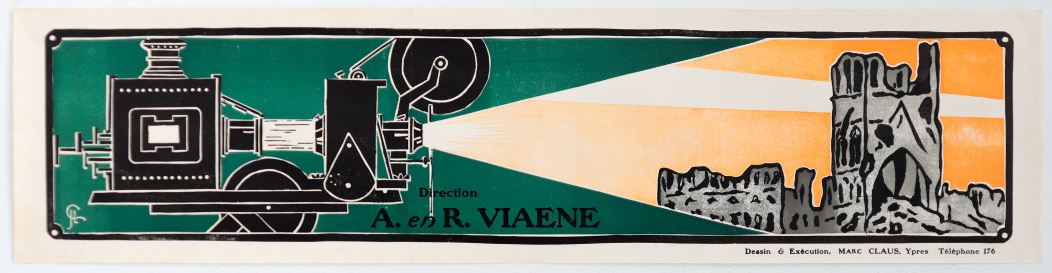 Vintage 1920s French Art Deco Movie Camera Poster - WWI Ypres Ruins in Green | Classic Cinema Decor, Home Theater Wall Art, Film Lover Gift