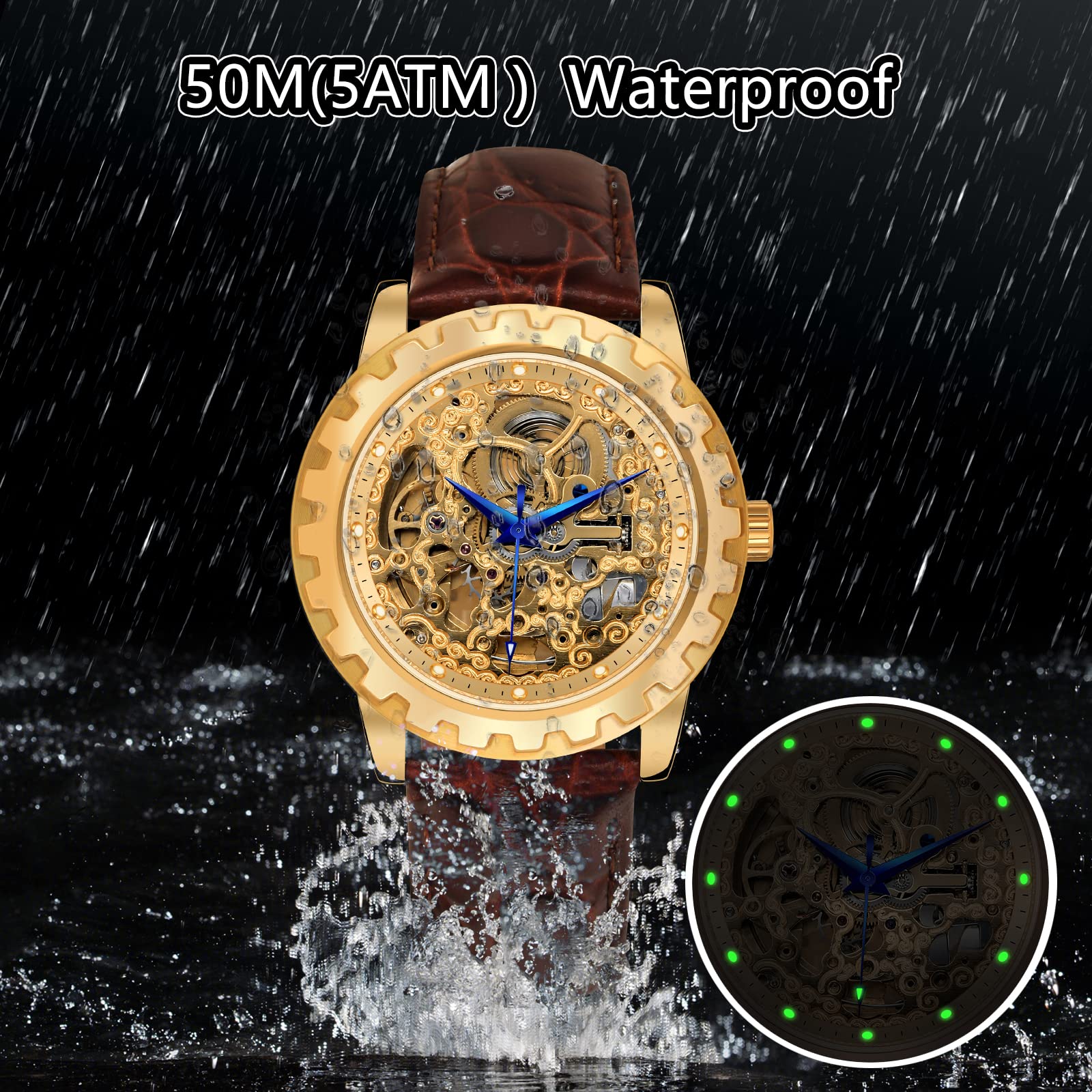 BERNY Luxury Automatic Skeleton Men's Watch - Gold Stainless Steel Dress Watch with Exhibition Back, Luminous Markers & Waterproof - Perfect for Business, Formal Events & Gift Giving