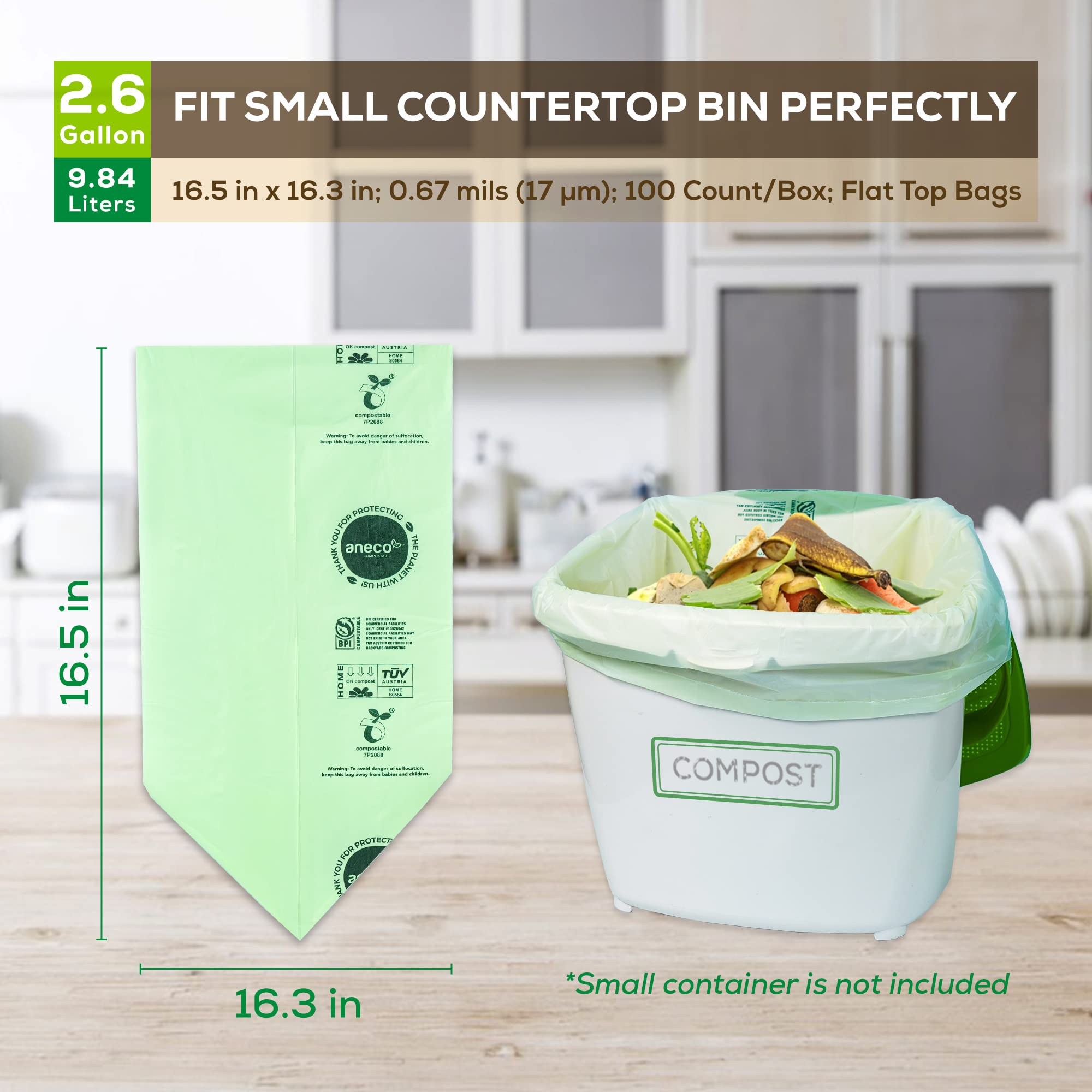 ANECO 100% Compostable Trash Bags 2.6 Gallon - Extra Thick Eco-Friendly Kitchen Compost Bags for Countertop Bin (100 Count) - Perfect for Food Scraps, Organic Waste & Sustainable Living