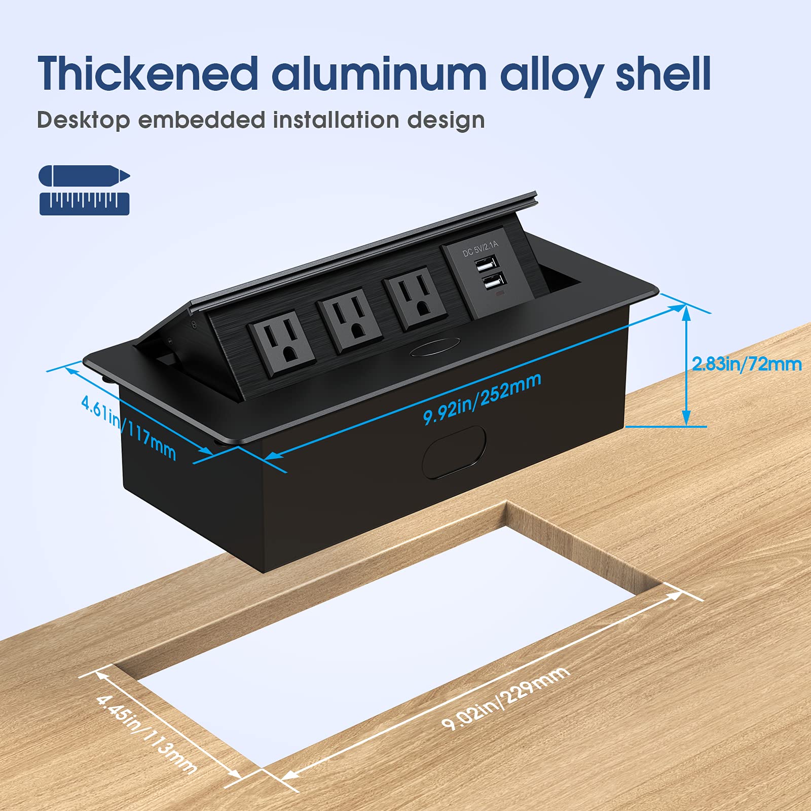 **Pop Up Outlet with 2 USB Ports & 3 AC Outlets - Black Desktop Power Hub for Home, Office & Dorm Use**