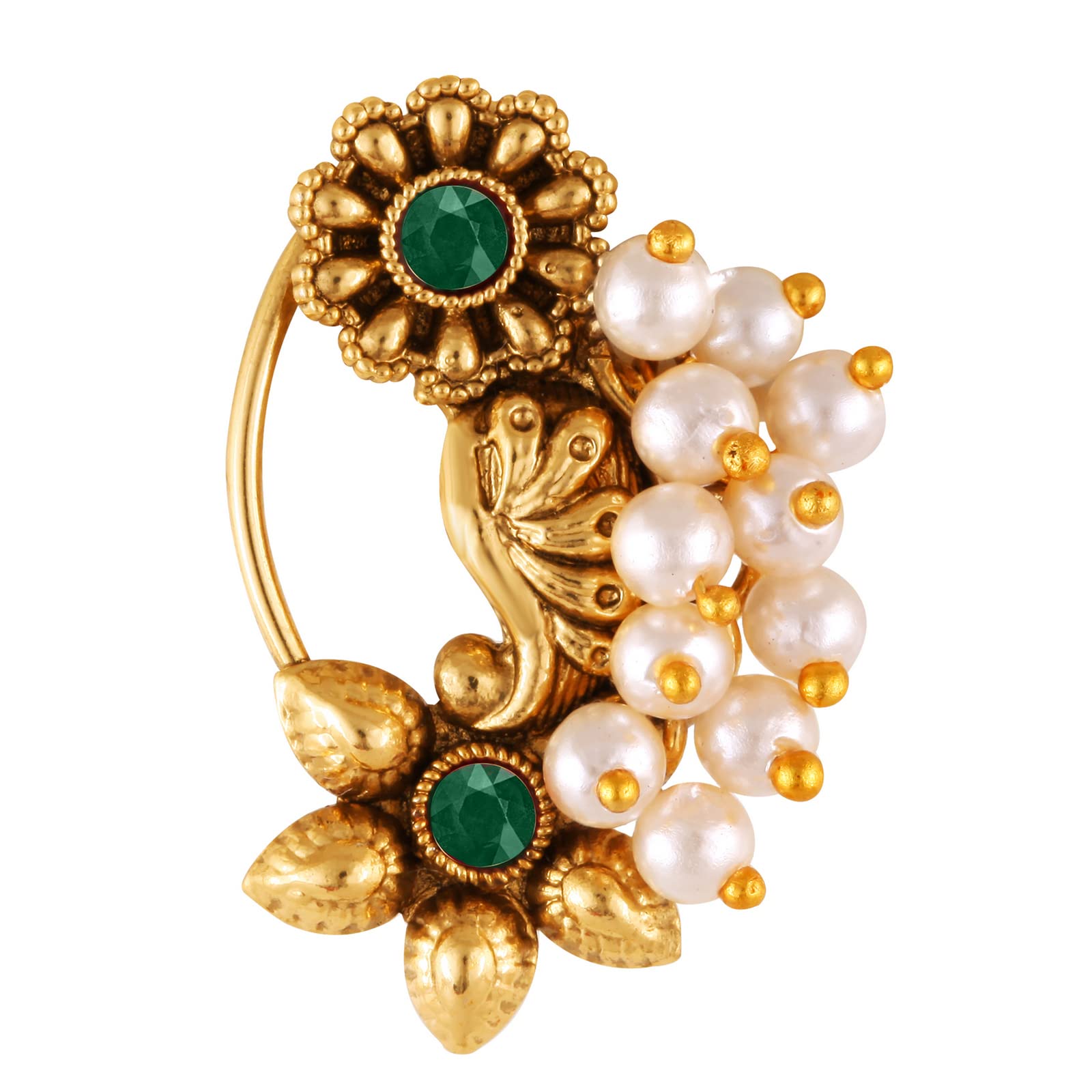Vighnaharta Gold Plated Pearl Alloy Nose Ring with Artificial Stones - Traditional Maharashtrian Non-Piercing Nathiya Nose Pin - Valentine's Day Gift for Women & Men (VFJ1180NTH-Press-Green) | Perfect for Weddings, Festivals & Ethnic Fashion