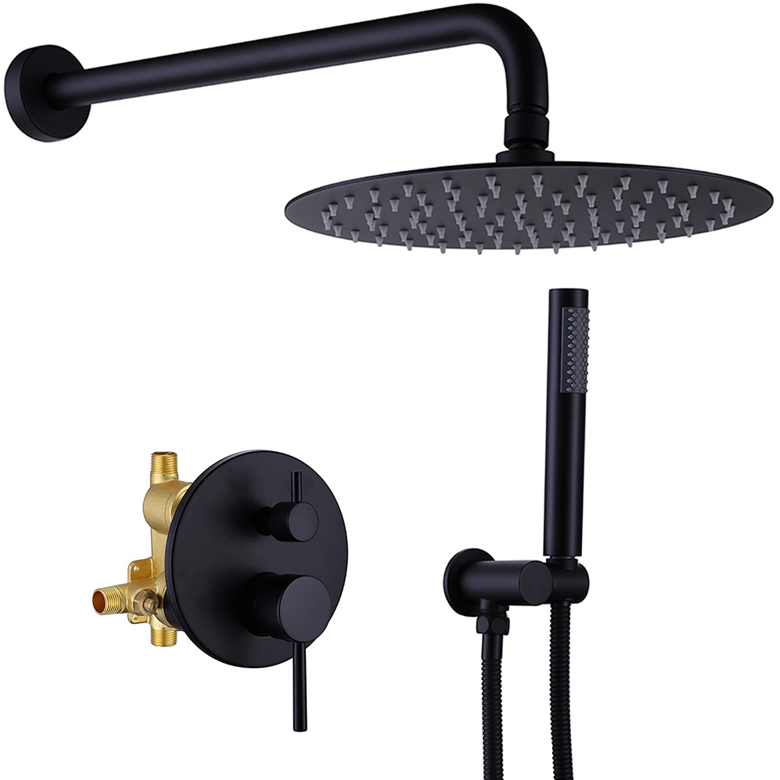 YUESIMATE 10 Inch Rainfall Shower Head with Handheld Sprayer - Matte Black Shower Faucet Combo Set with Pressure Balance Valve - Wall Mounted Copper Shower System for Bathroom & Spa Relaxation