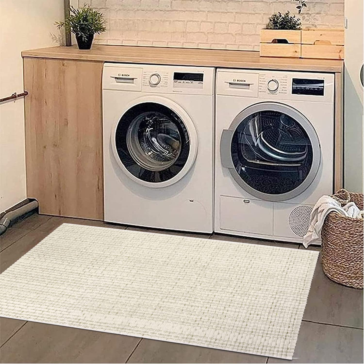 Seavish Boho Bathroom Runner Rug - 2'x4.2' Machine Washable Cotton Woven Reversible Rug for Laundry Room, Front Door, Bedroom, Porch, Kitchen, Hallway & Entryway - Indoor/Outdoor Beige Throw Mat - Perfect for Bohemian Home Decor & High Traffic Areas