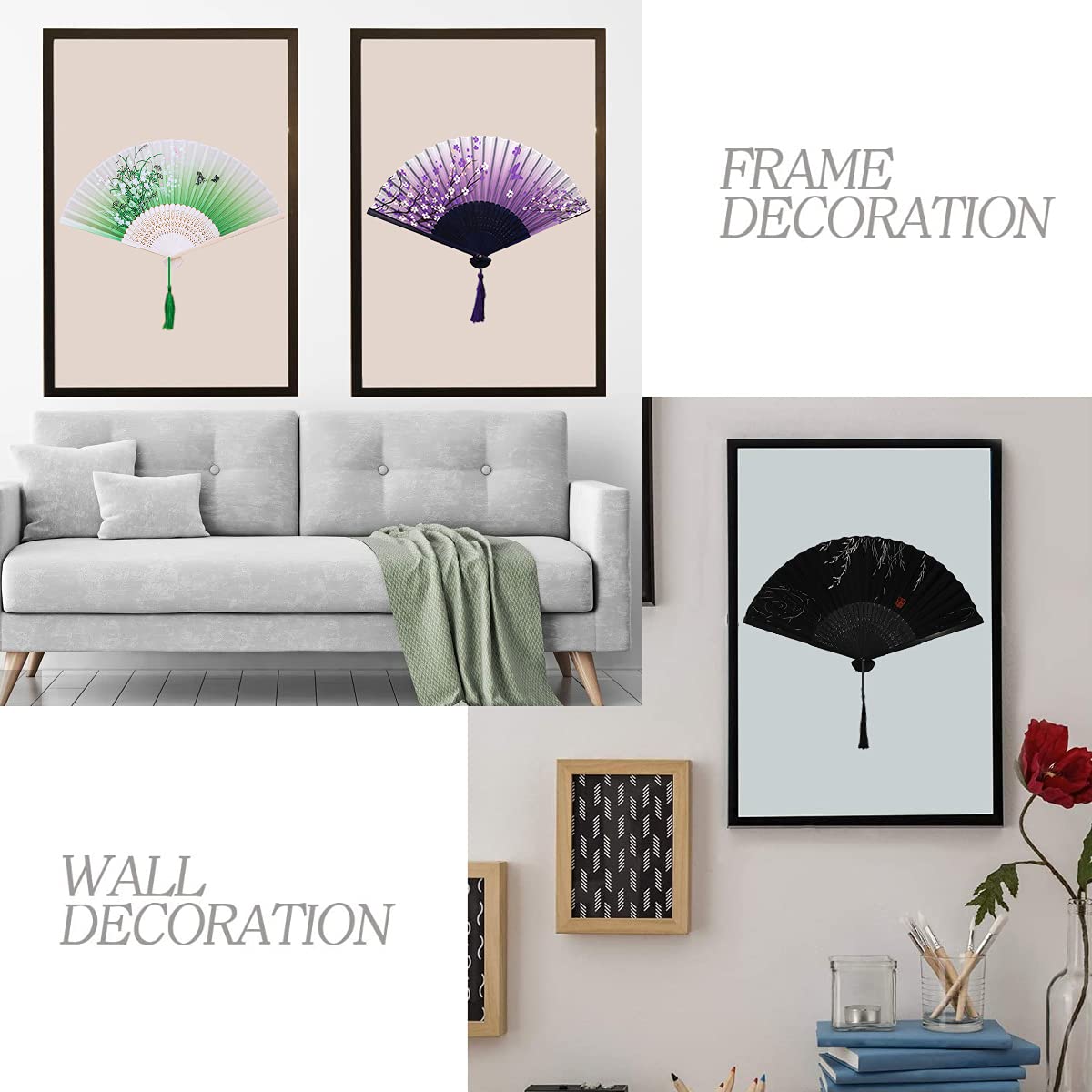 9-Piece Floral Folding Silk Hand Fan Set - Elegant Bamboo Handheld Chinese Style Fabric Fan with Tassel for Wedding, Dancing, Party, Church - Perfect for Bridal Accessories, Cultural Events & Summer Cooling