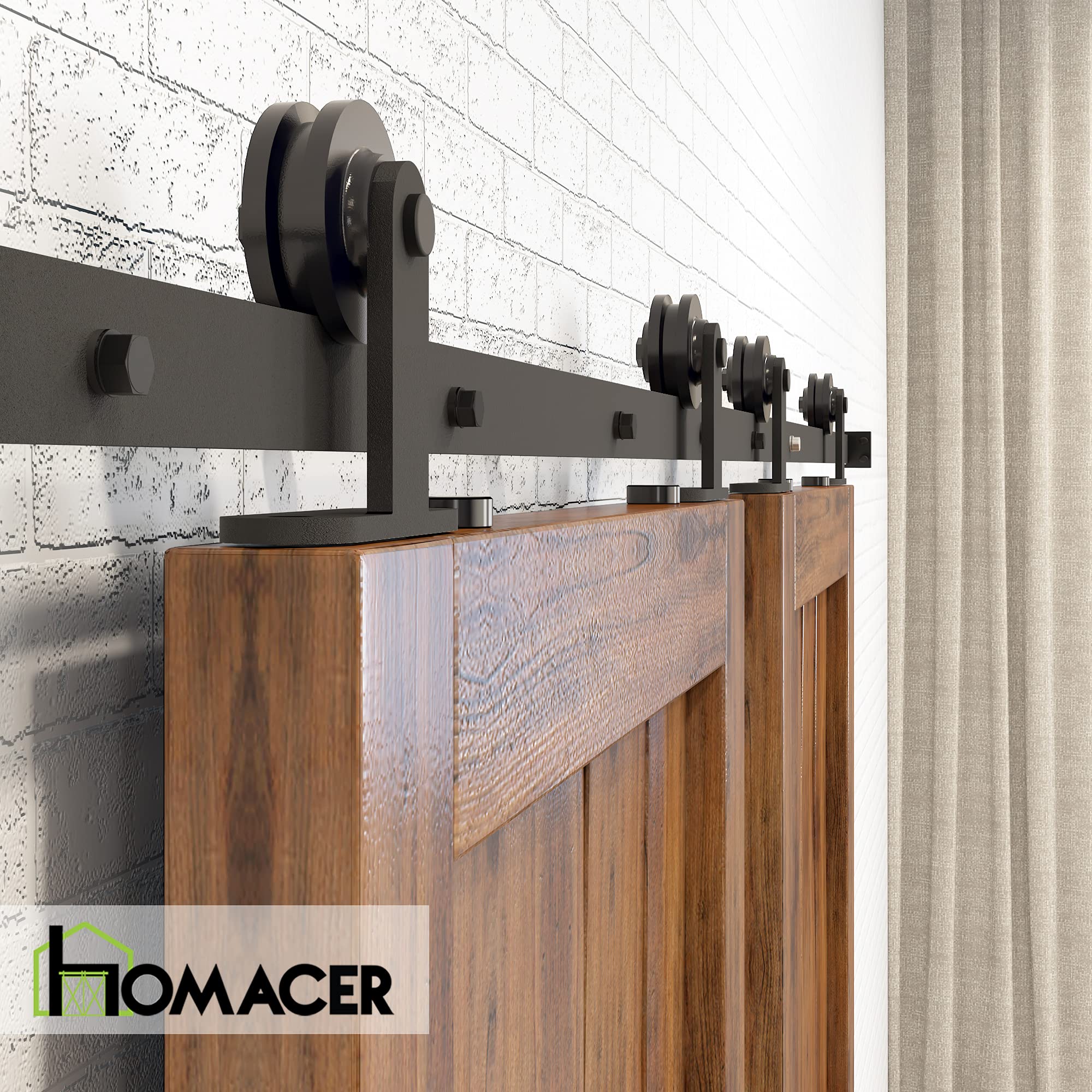 Homacer Black Rustic Non-Bypass Sliding Barn Door Hardware Kit - Heavy Duty T-Shape Roller Design for Double Doors with 4ft Flat Track | Interior & Exterior Use | Perfect for Farmhouse, Loft, and Industrial Style Homes