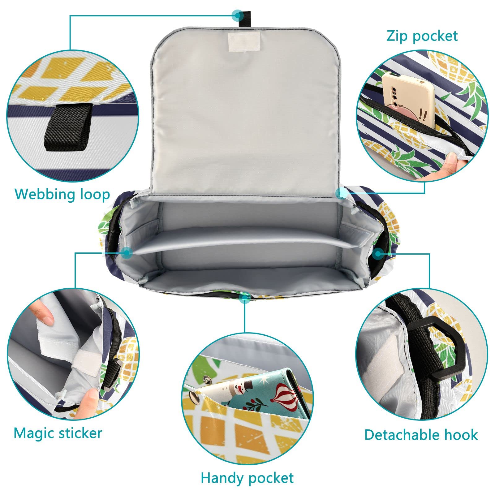 Emelivor Cartoon Pineapple Baby Stroller Organizer - Large Capacity Stroller Accessories with Adjustable Shoulder Strap & Cup Holders - Perfect for Diapers, Phone, Keys, Toys - Ideal for Park Outings, Shopping Trips & Family Walks