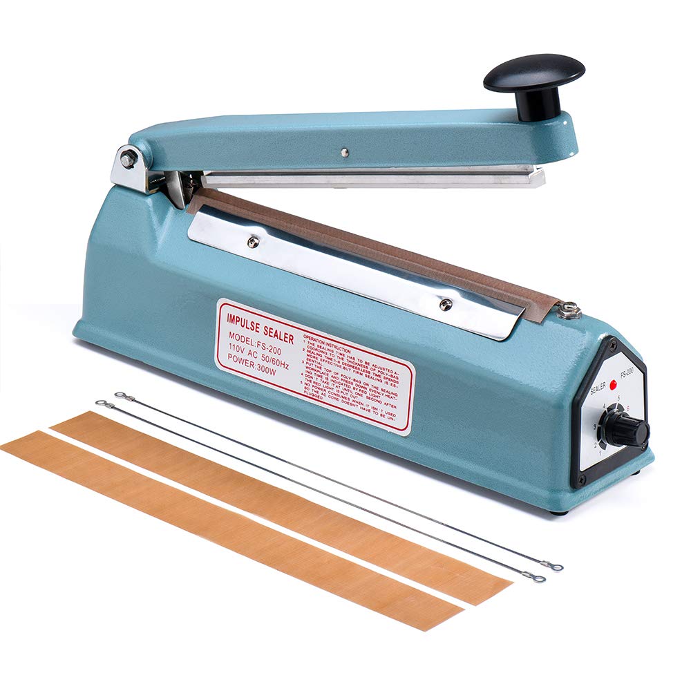 Metronic 8 Inch Heat Seal Closer Impulse Sealer with 2PC Thermal Fuse & 2PC Teflon Cloth - Perfect for Packaging Food, Plastic Bags & DIY Projects