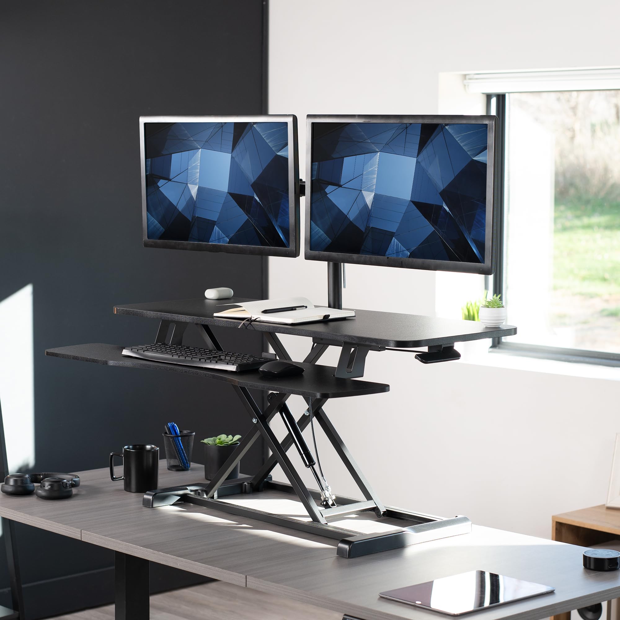 VIVO 42 Inch Height Adjustable Standing Desk Converter with Dual Monitor Stand (13-30 Inch), Sit Stand Workstation & Desk Riser - Black (DESK-V042KB-M2) - Perfect for Home Office, Gaming Setup & Ergonomic Workspaces