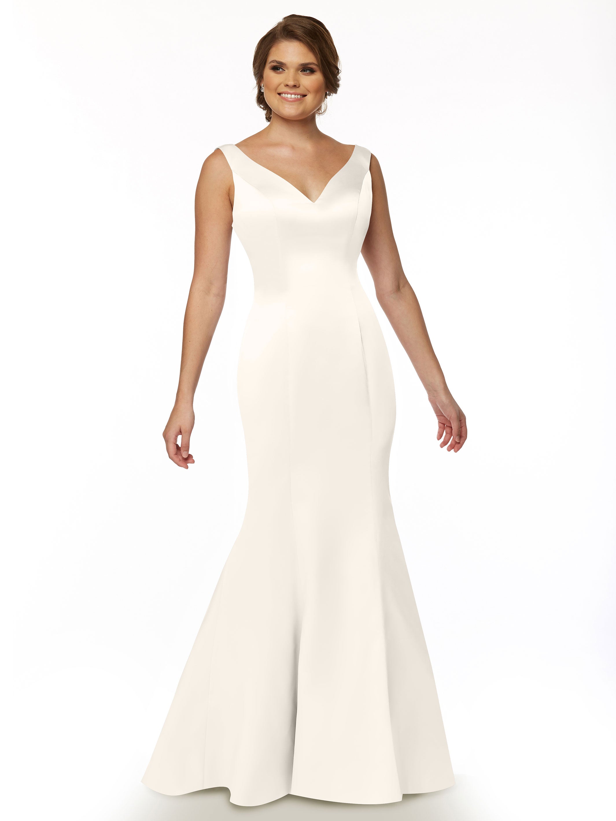 Elegant 80078 Fit and Flare Satin Bridesmaid Dress with V-Neckline & Ruffled Back - Perfect for Weddings, Prom, and Formal Events