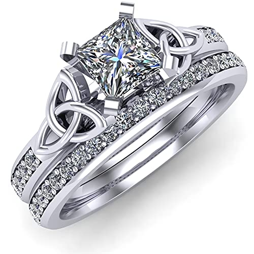 1.2/5 ct Princess Cut Moissanite Engagement Ring Set for Women - Platinum Plated Silver Celtic Wedding Band, Size 5.5 - Perfect for Proposals, Anniversaries & Bridal Jewelry Gifts