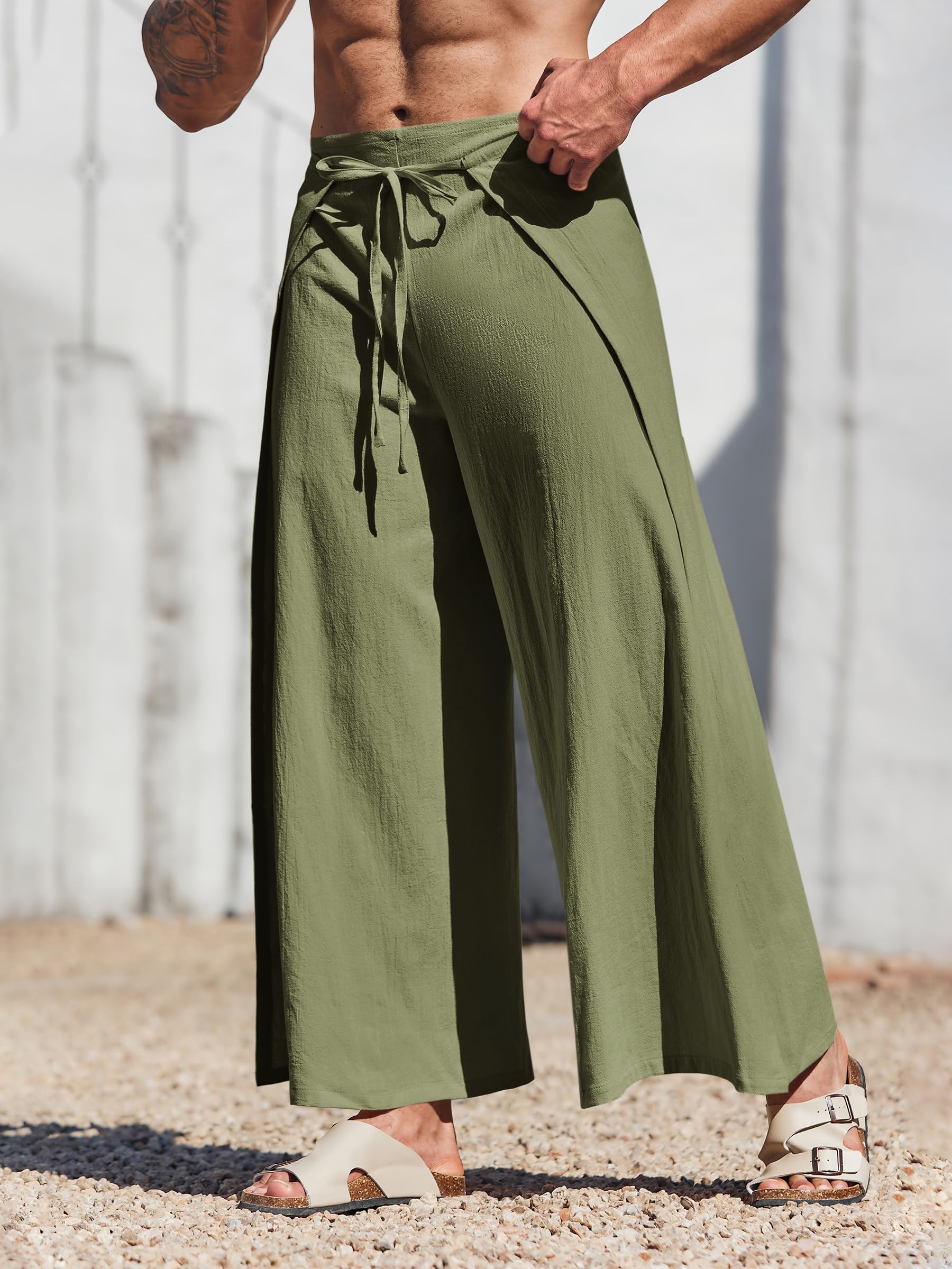 Runcati Men's Linen Wrap Pants - Lightweight Loose Fit Yoga Beach Pants for Men, Breathable Hippie Style Fisherman Pants - Perfect for Yoga, Meditation, Beach Vacation & Boho Fashion